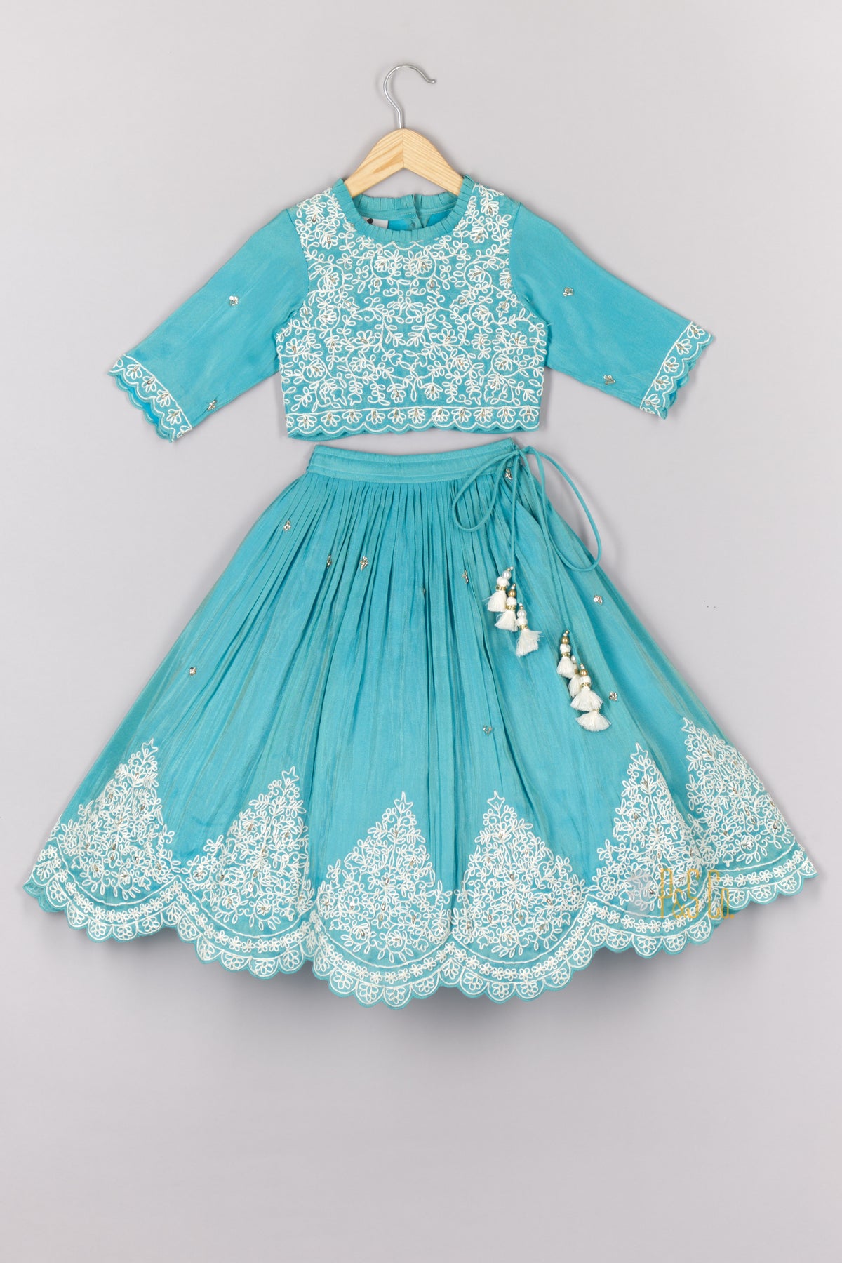 Thread Embroidered Blue Top And Pleated Lehenga