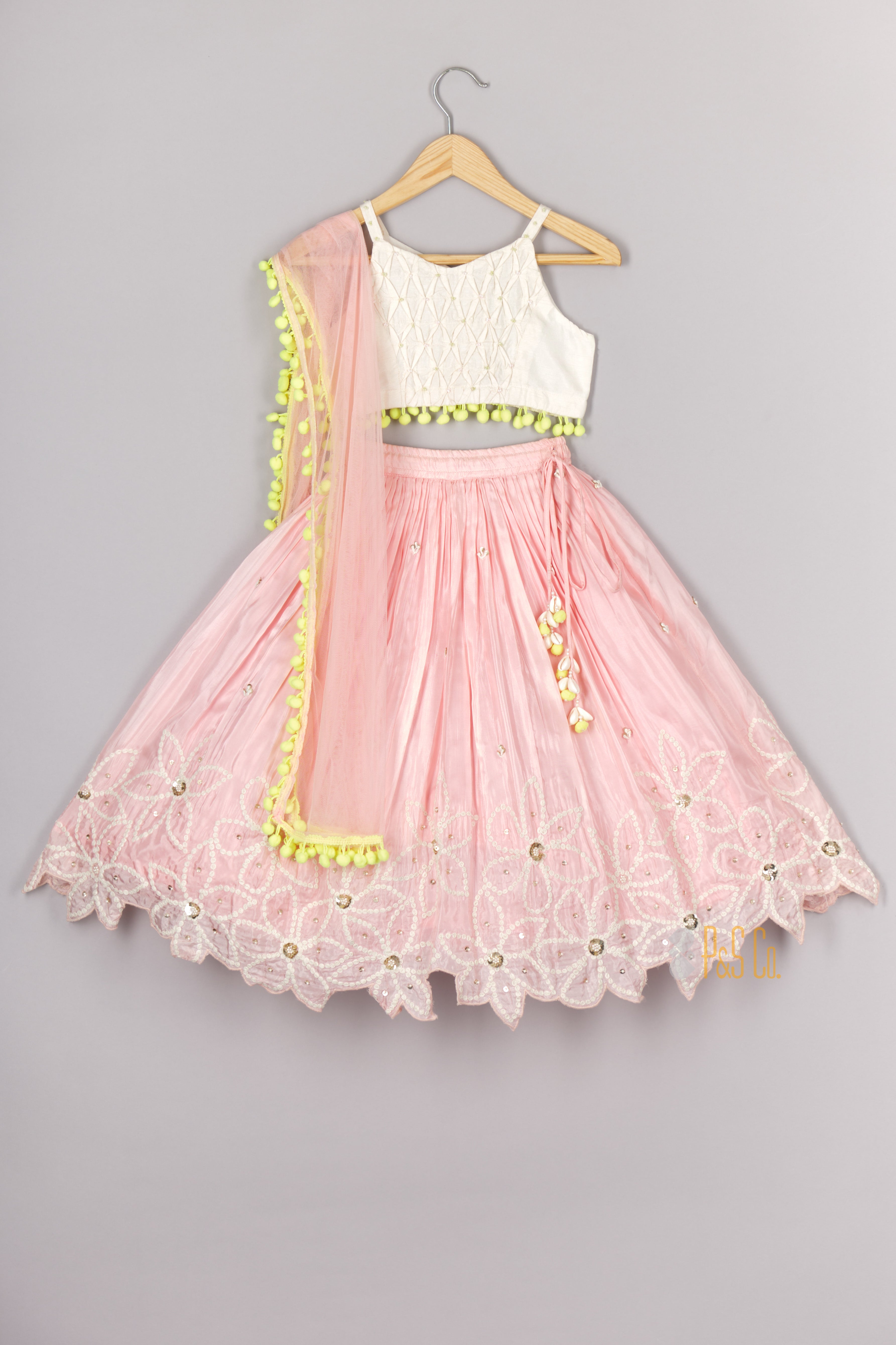 Strappy Top And Pleated Pink Ghagara With Net Dupatta