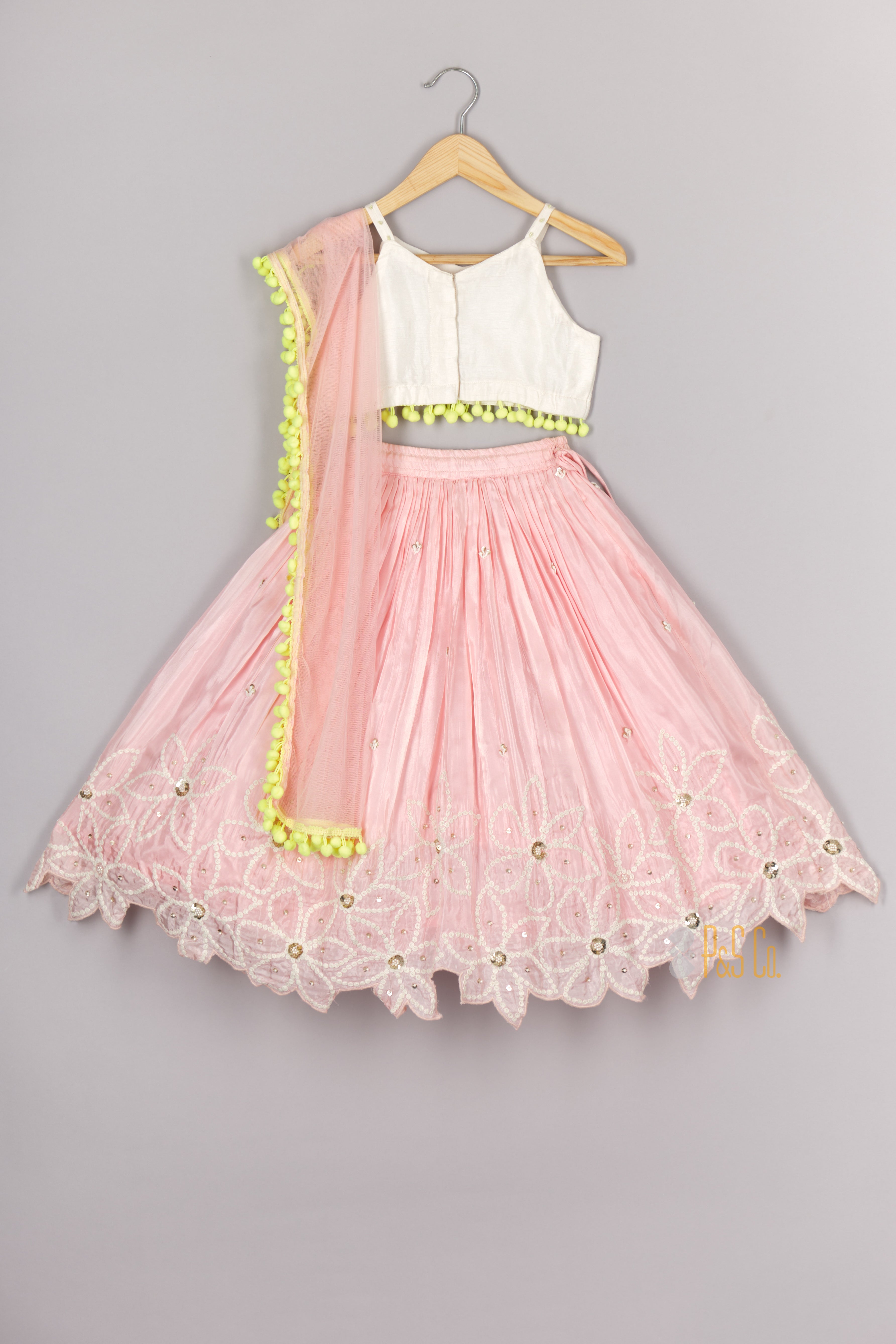 Strappy Top And Pleated Pink Ghagara With Net Dupatta