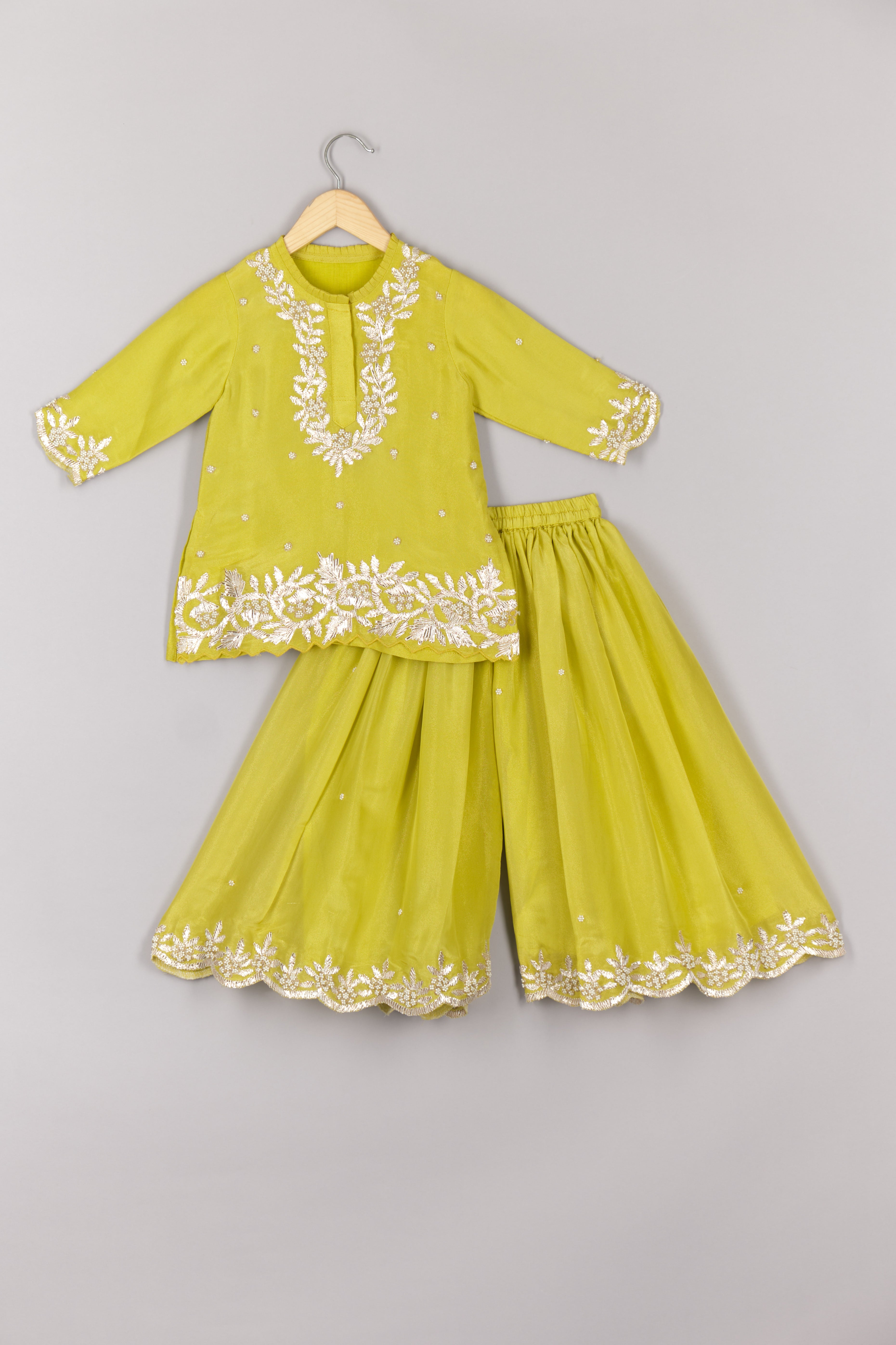 Lime Green Zari and Moti Embroidered Kurta and Flare Pant