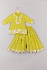 Lime Green Zari and Moti Embroidered Kurta Sharara