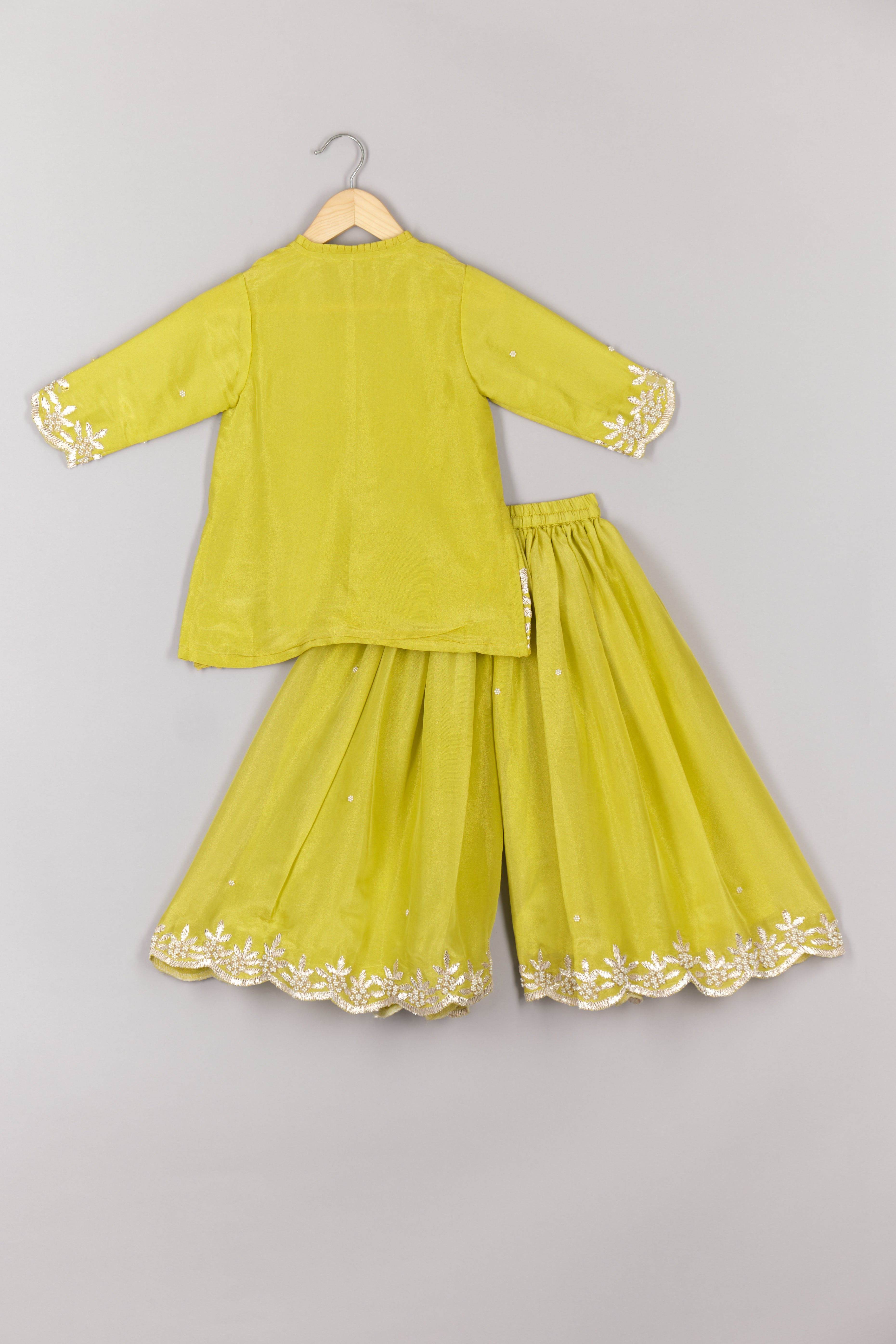 Lime Green Zari and Moti Embroidered Kurta Sharara