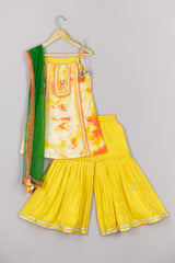 Yellow Tie Dye Girls Kurta And Sharara With Dupatta