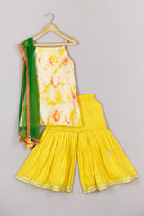 Yellow Tie Dye Girls Kurta And Sharara With Dupatta