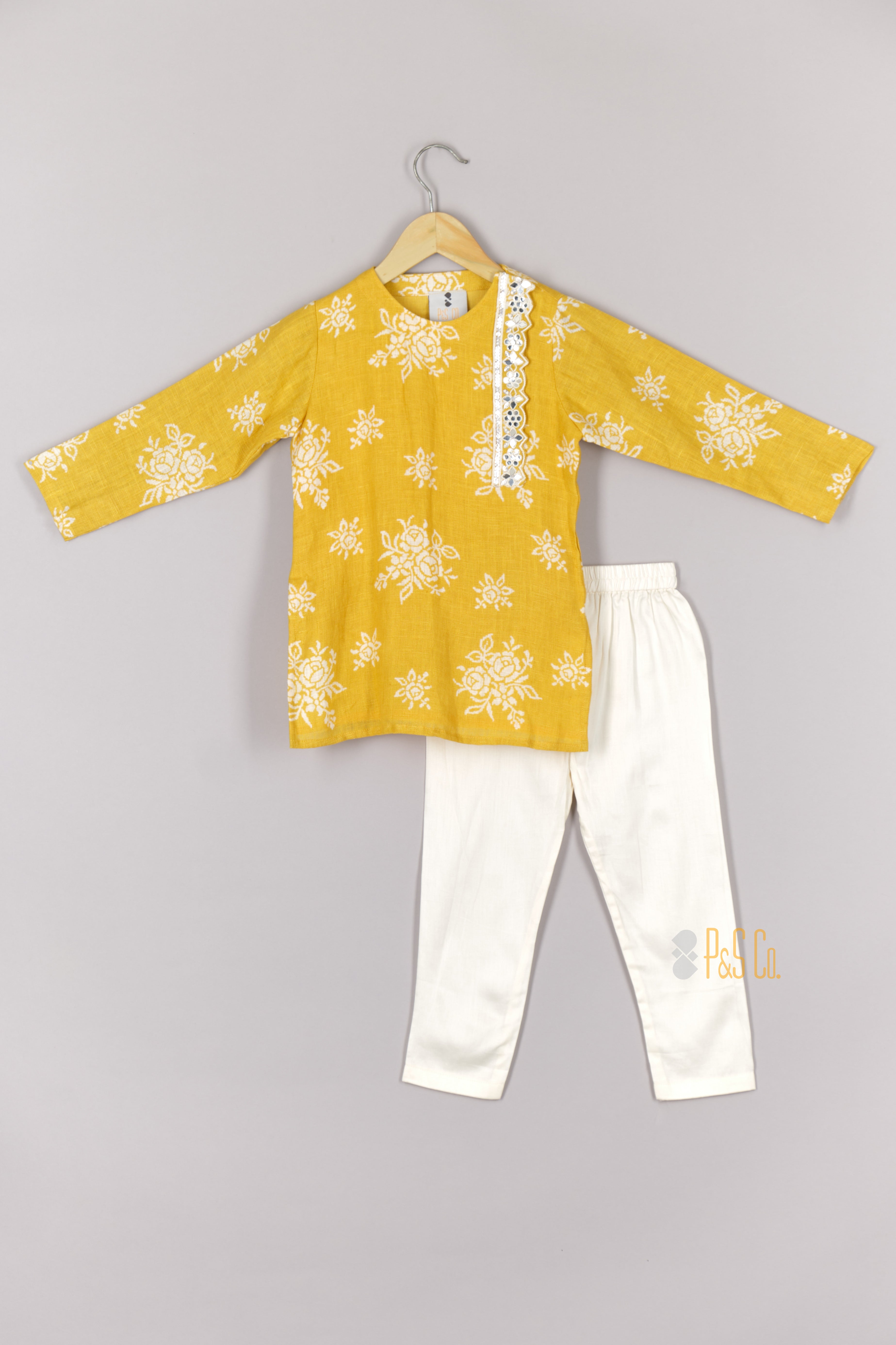 Yellow Linen Printed Kurta and Pant