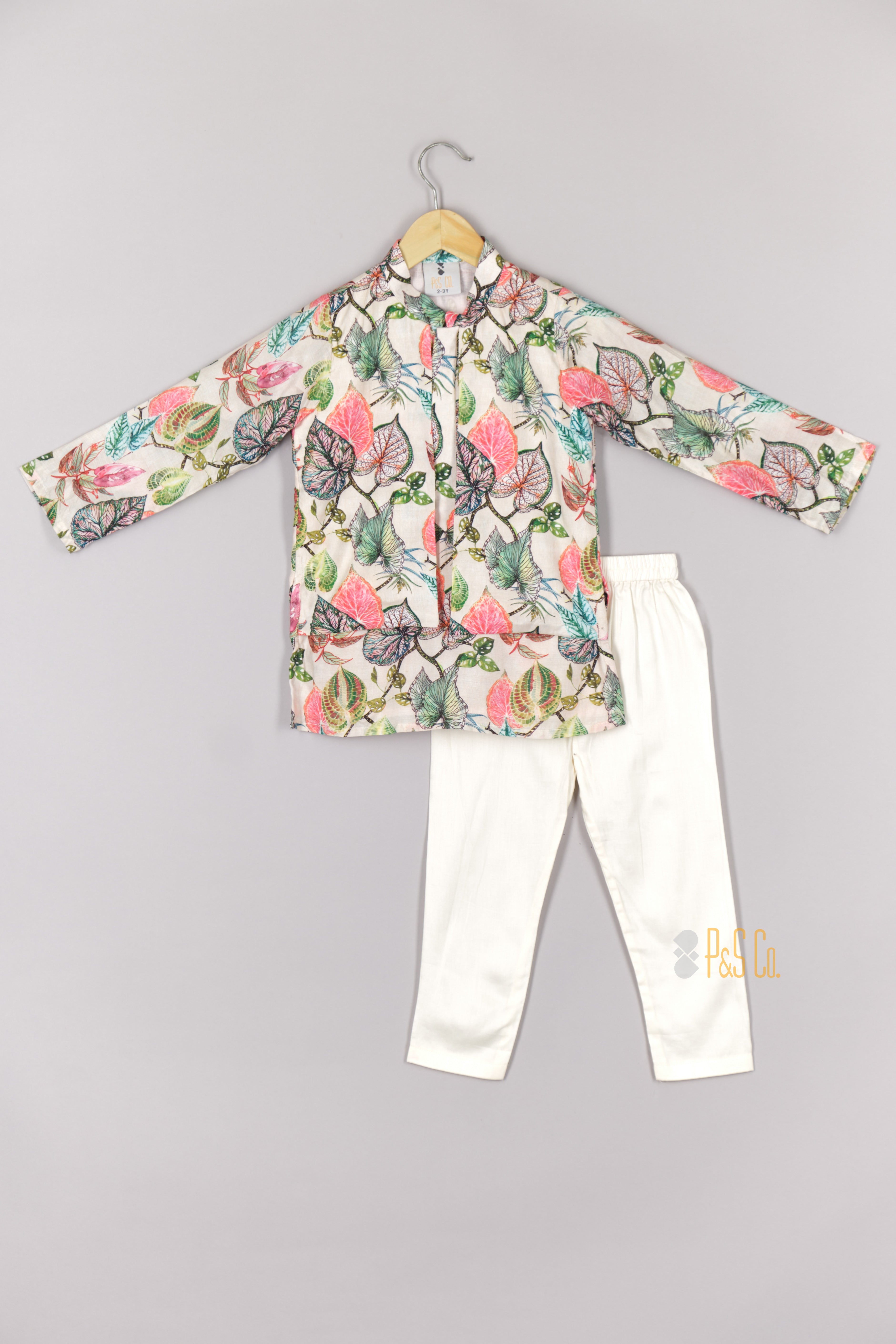 Beautiful Leaf Printed Open Jacket Style Kurta and Pant