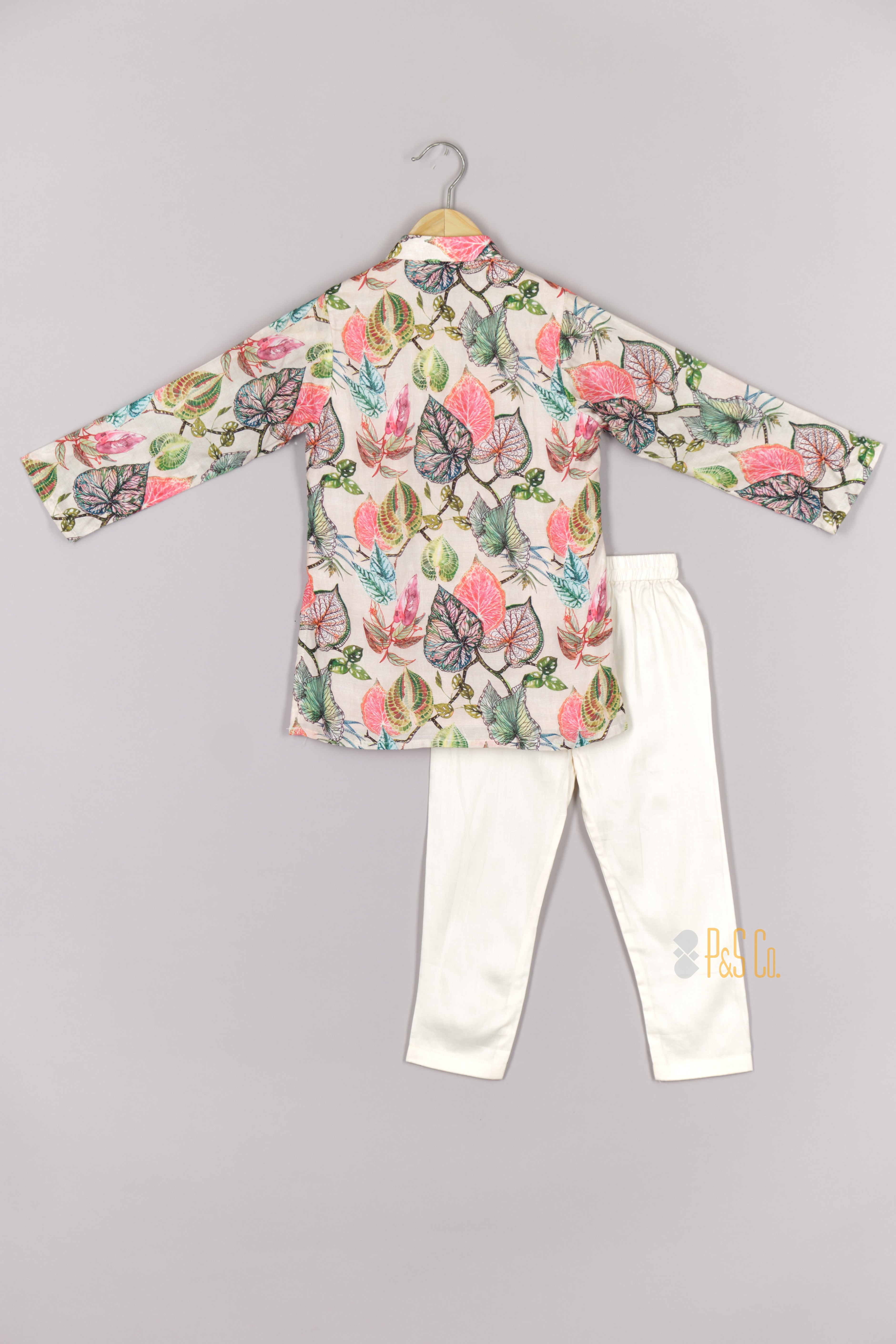 Beautiful Leaf Printed Open Jacket Style Kurta and Pant