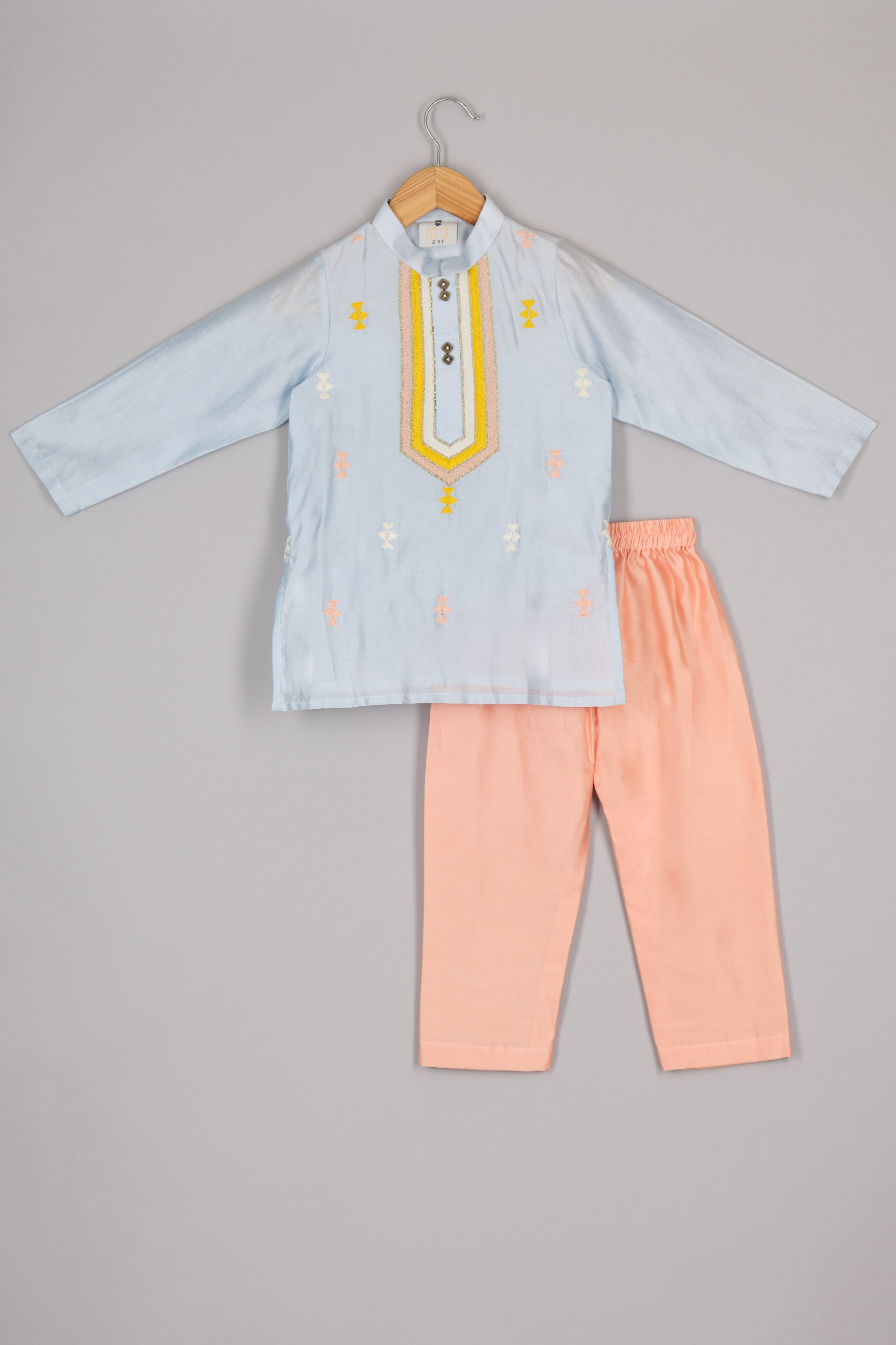 Powder Blue Thread Embroidered Kurta And Peach Pant