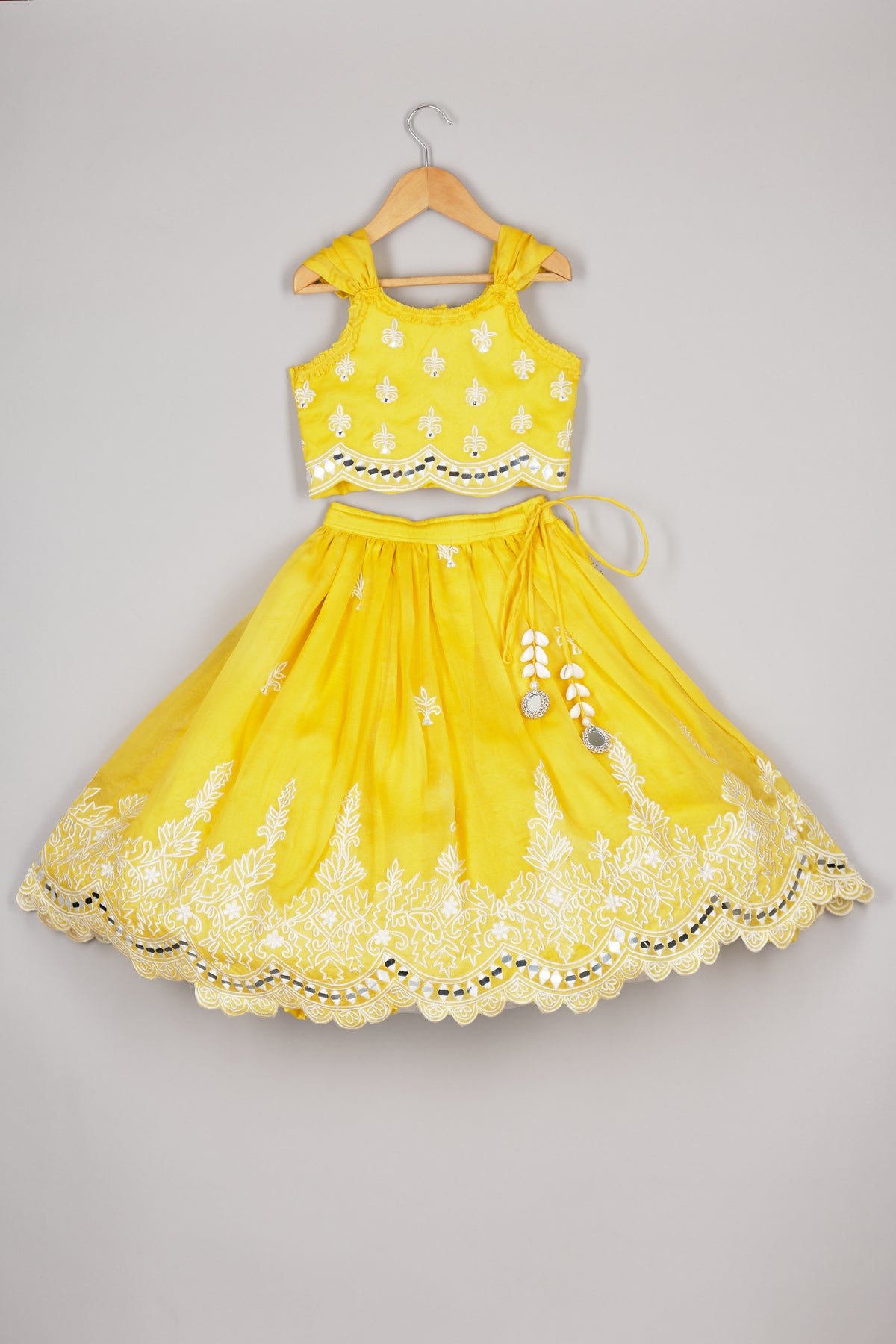 Yellow Organza Thread Work And Mirror Ghagara And Top