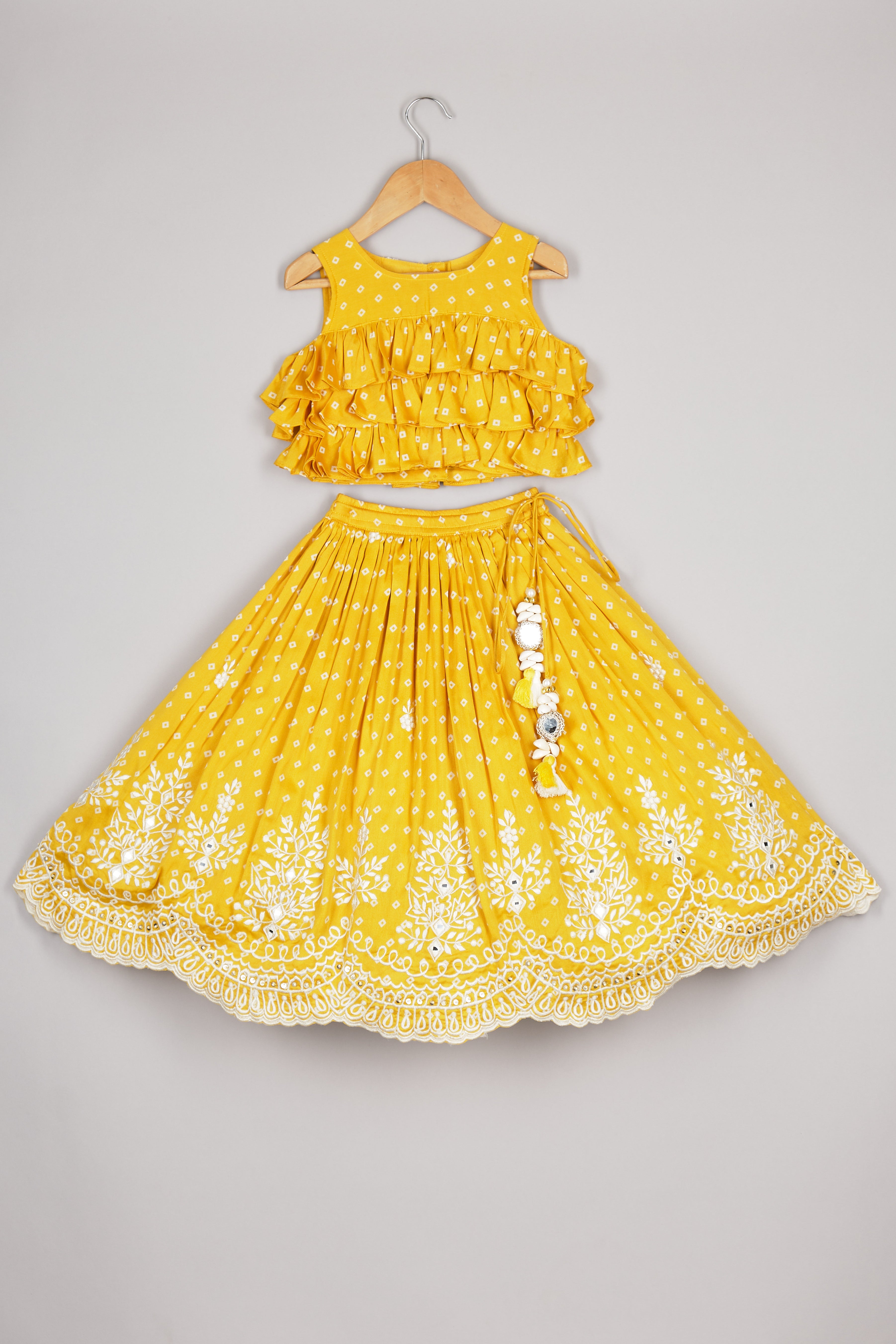 Yellow Bandhej Ruffle Top And Thread embroidered Ghagara