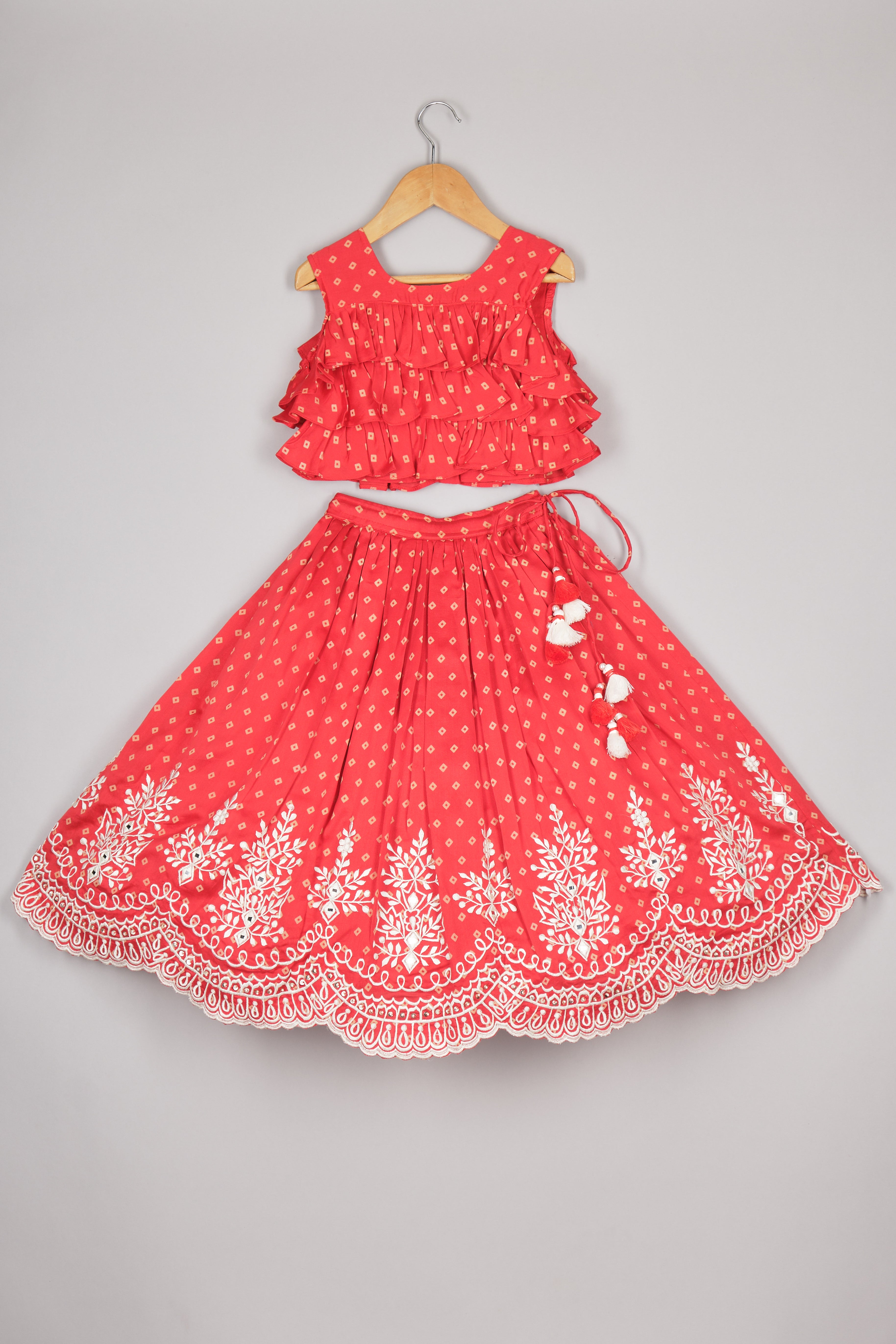Red Bandhej Ruffle Top And Thread Embroidered Ghagara