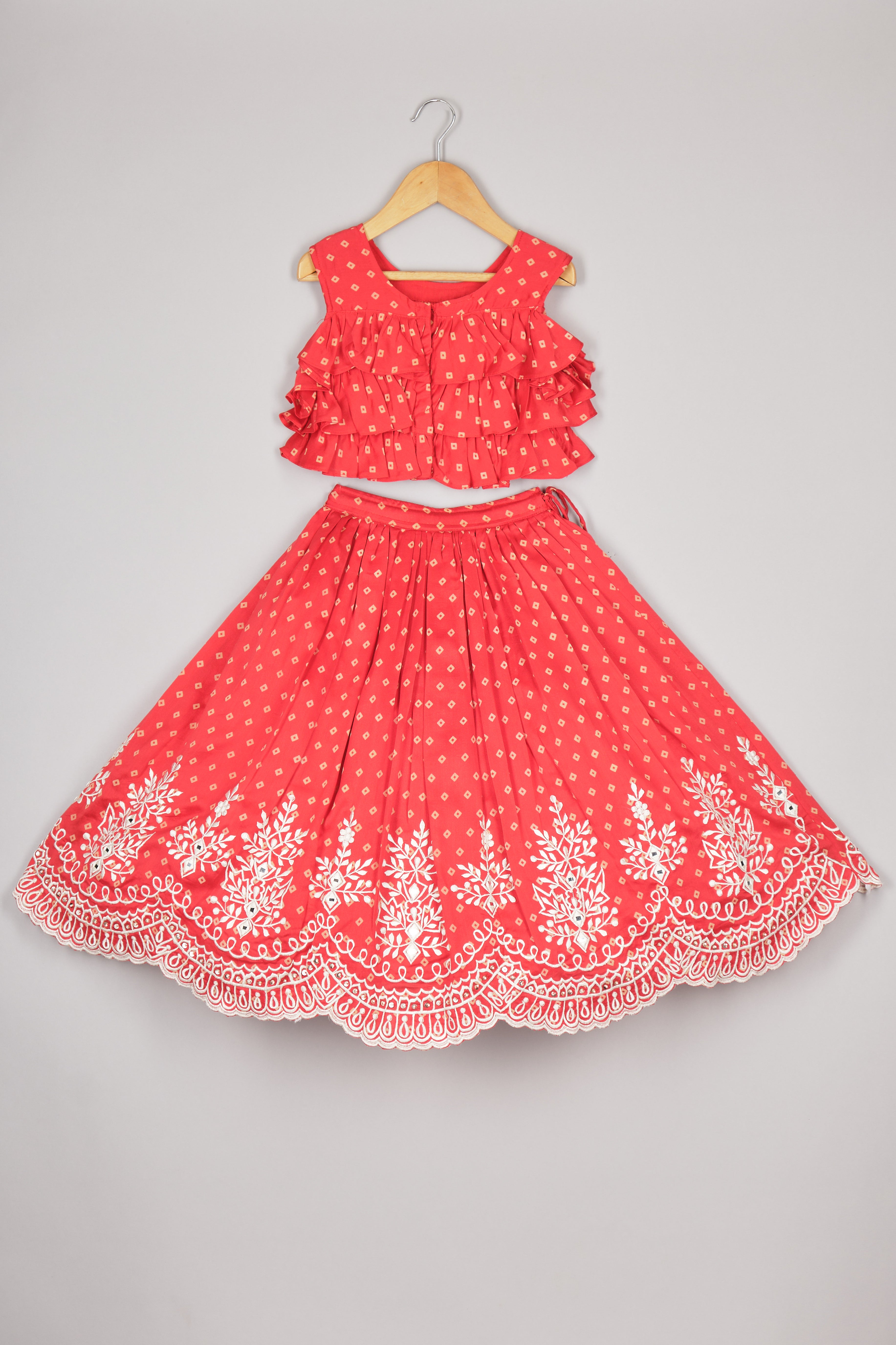 Red Bandhej Ruffle Top And Thread Embroidered Ghagara