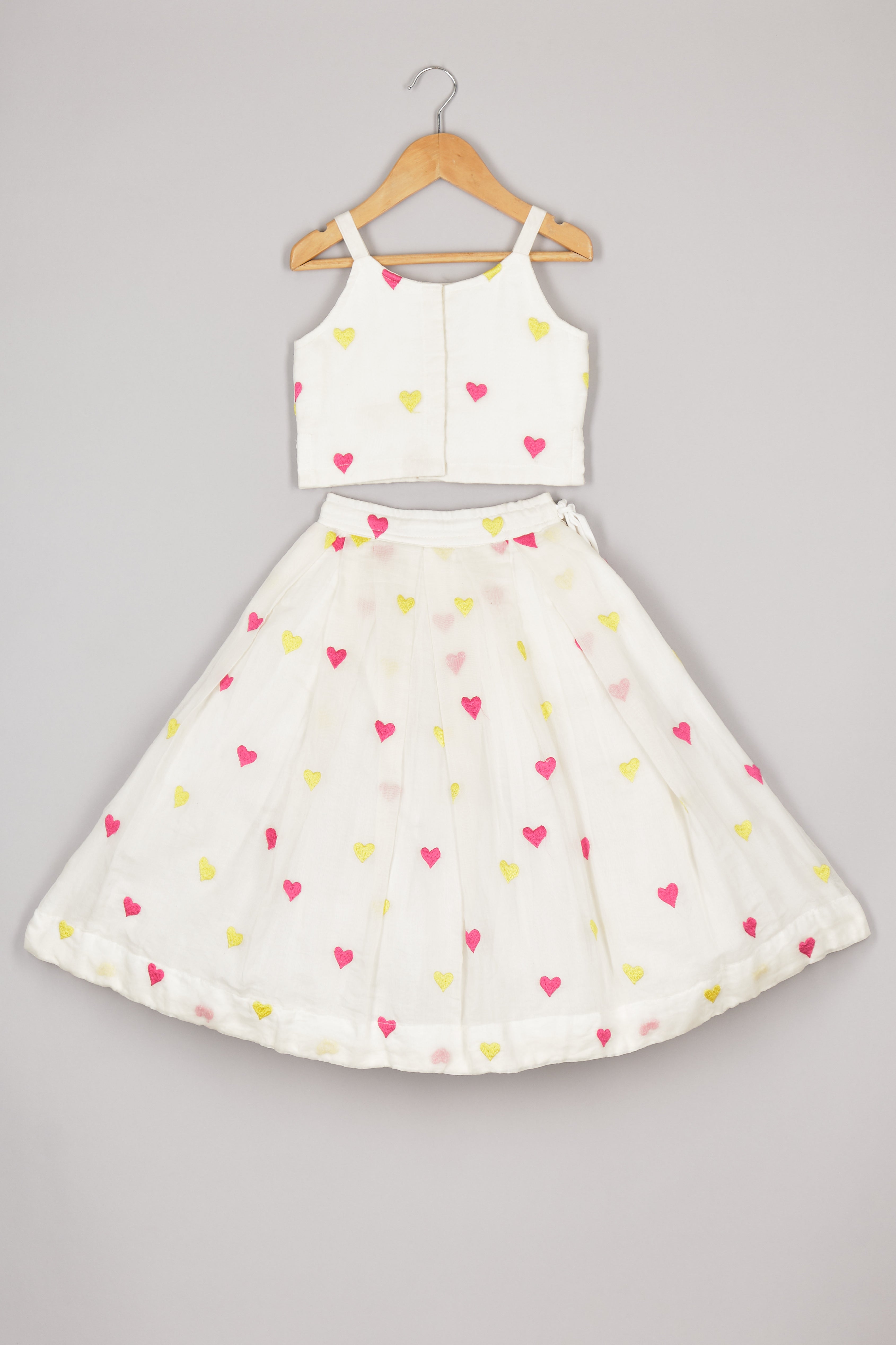 Fuschia Pink and Yellow Hearts Embroidered Off White Chanderi Top and Ghagara