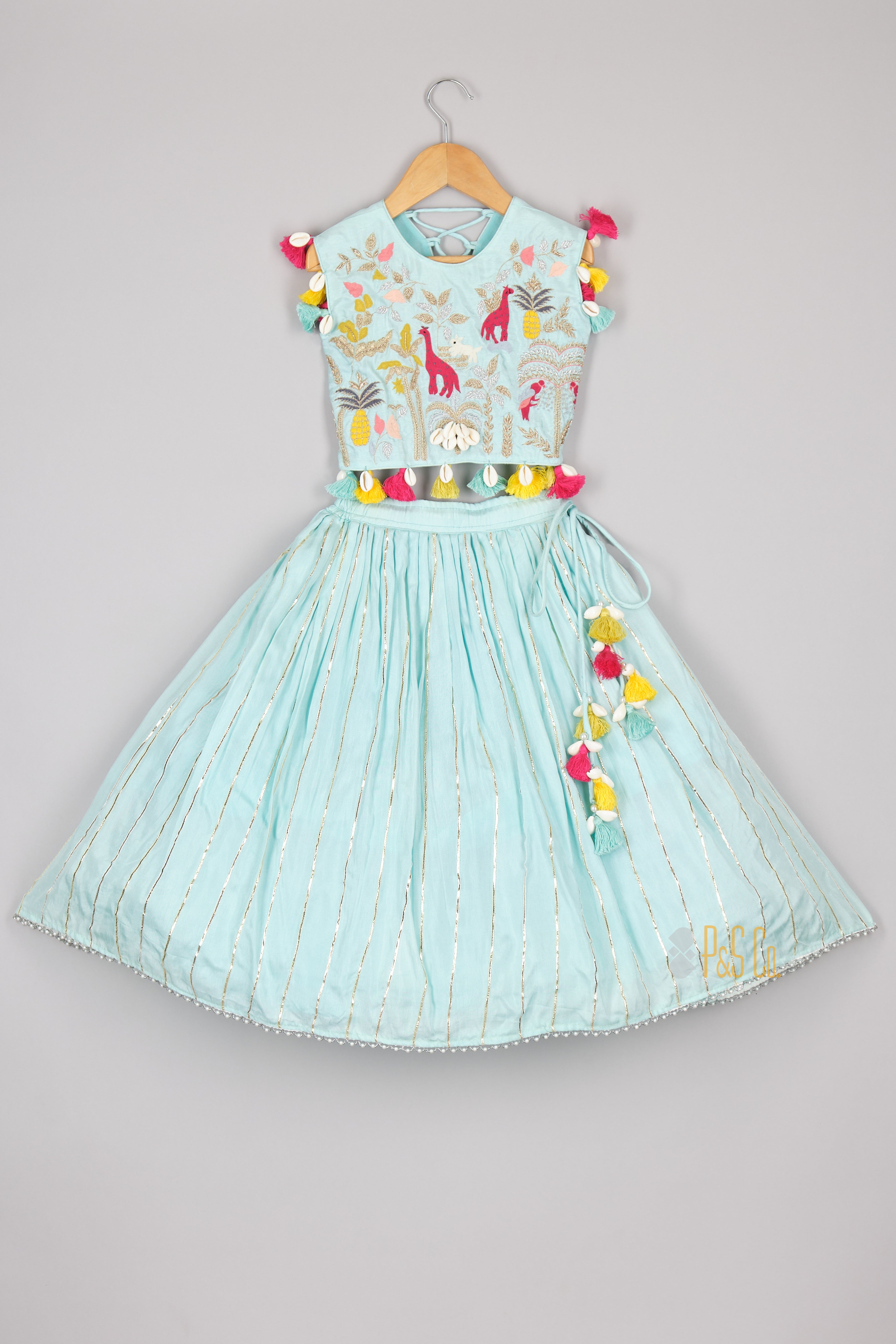 Multicolour Thread Giraffe Embroidered Blue Blouse and Gota Line Ghagara