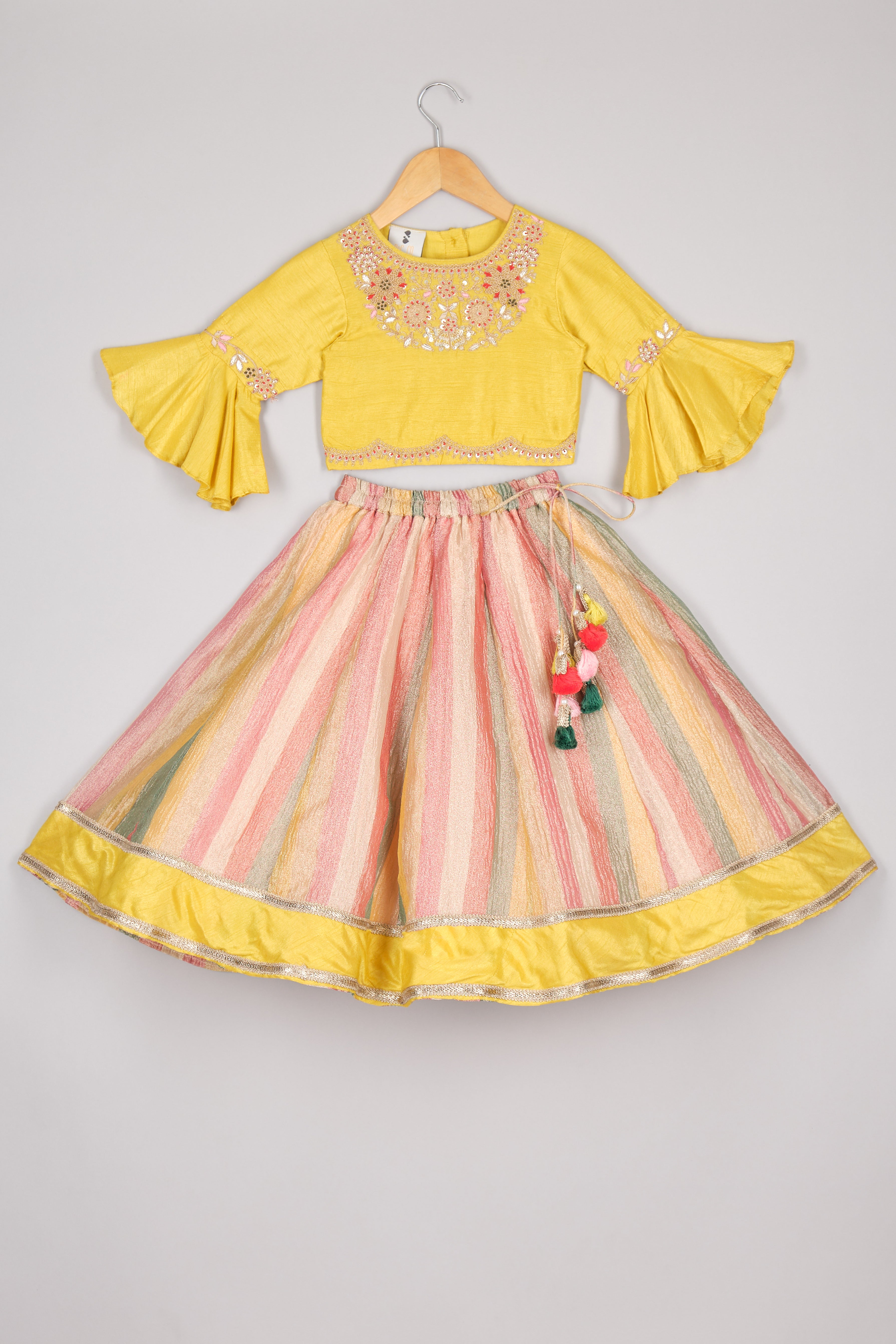 Multicolour Crush Tissue Ghagara With Lime Green Ruffle Sleeves Blouse