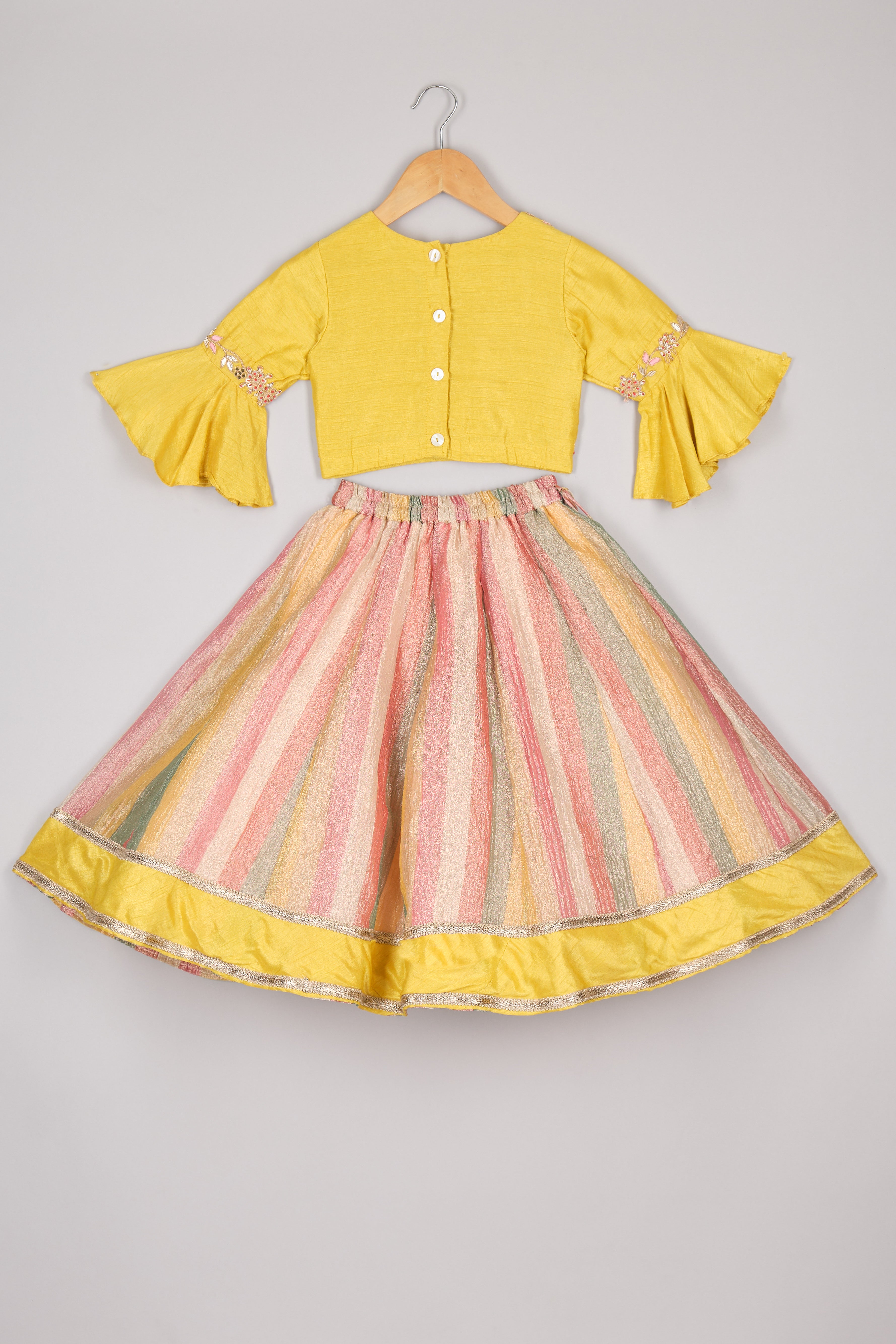 Multicolour Crush Tissue Ghagara With Lime Green Ruffle Sleeves Blouse