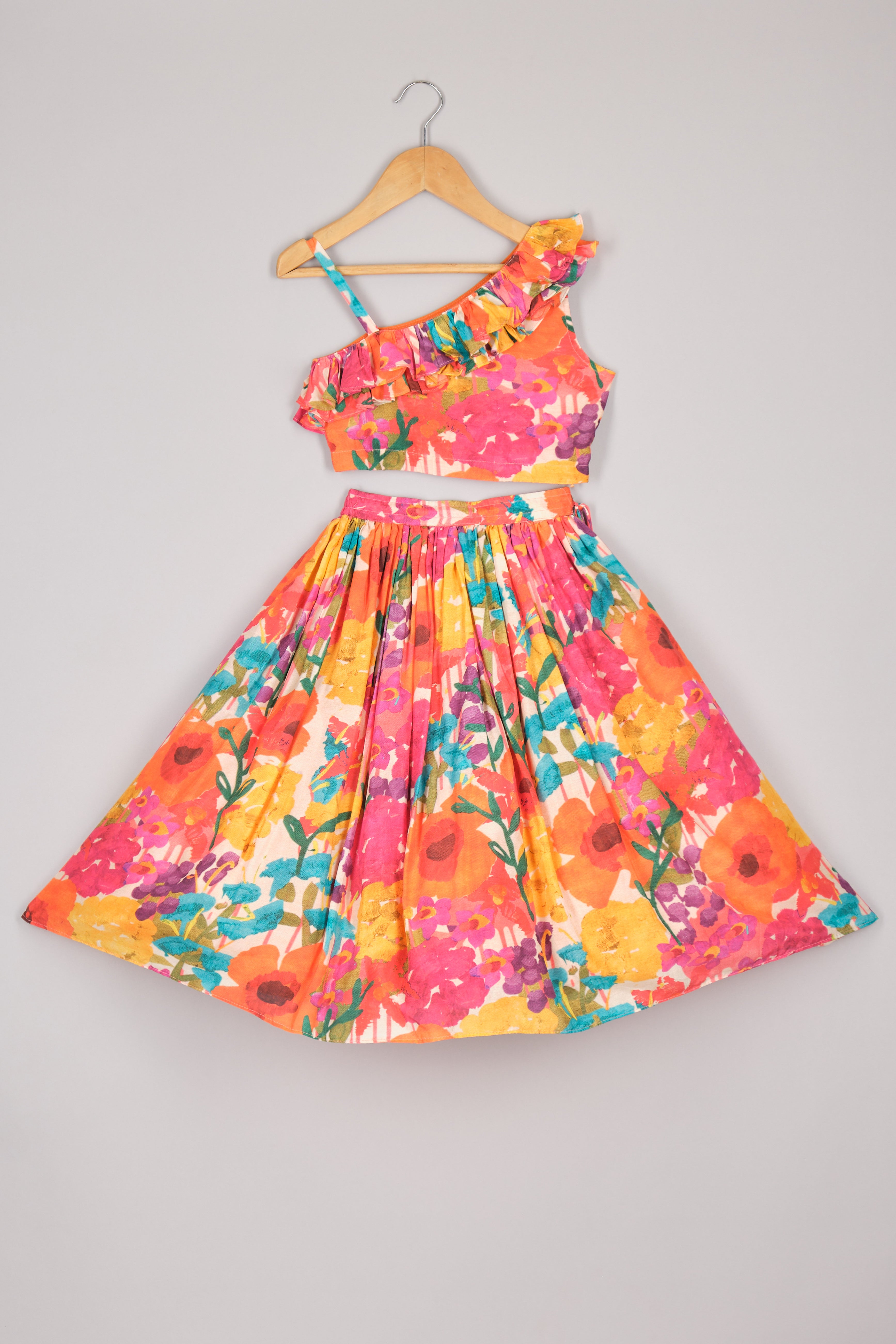 Floral Printed Ruffle Top & Ghagara