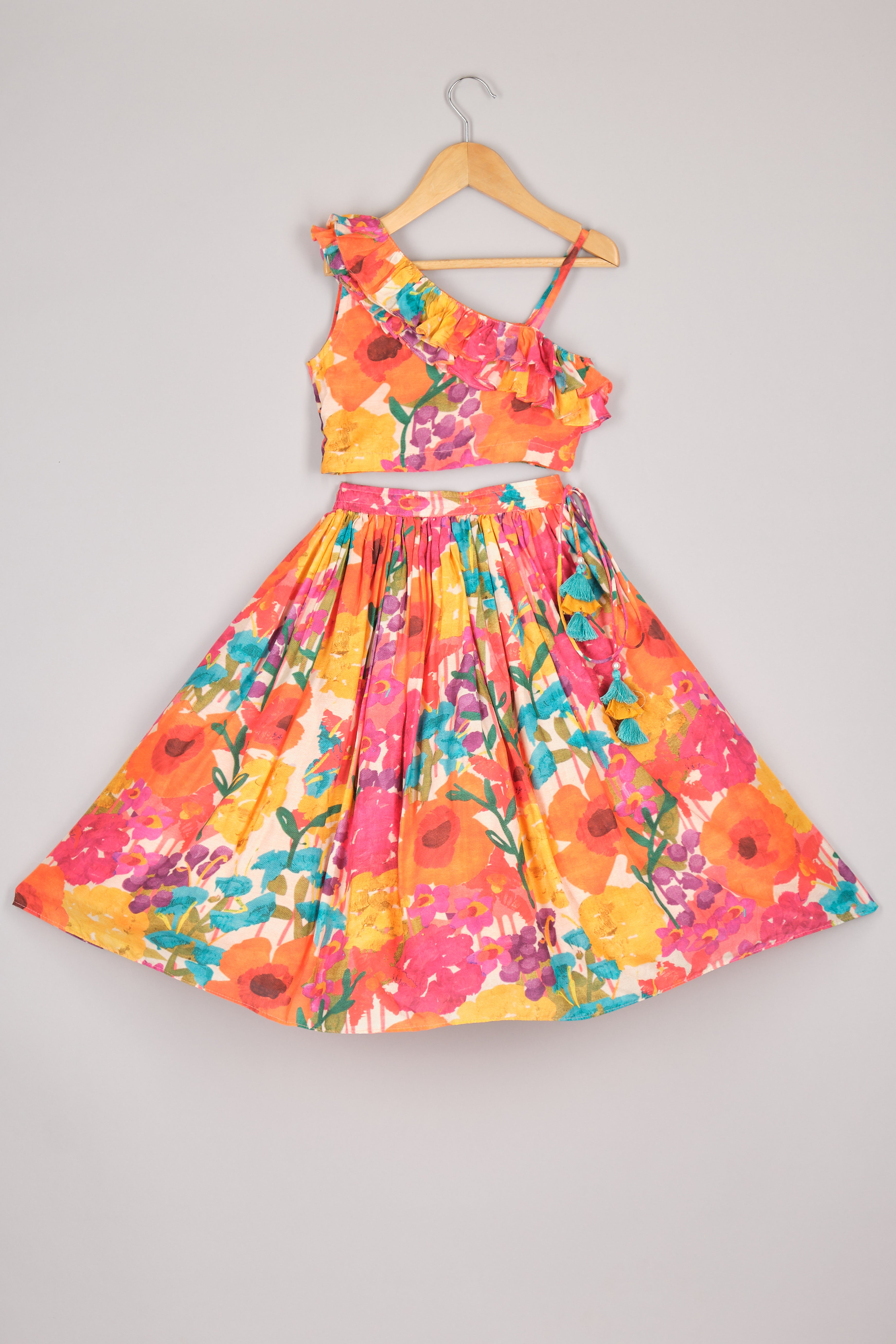 Floral Printed Ruffle Top & Ghagara