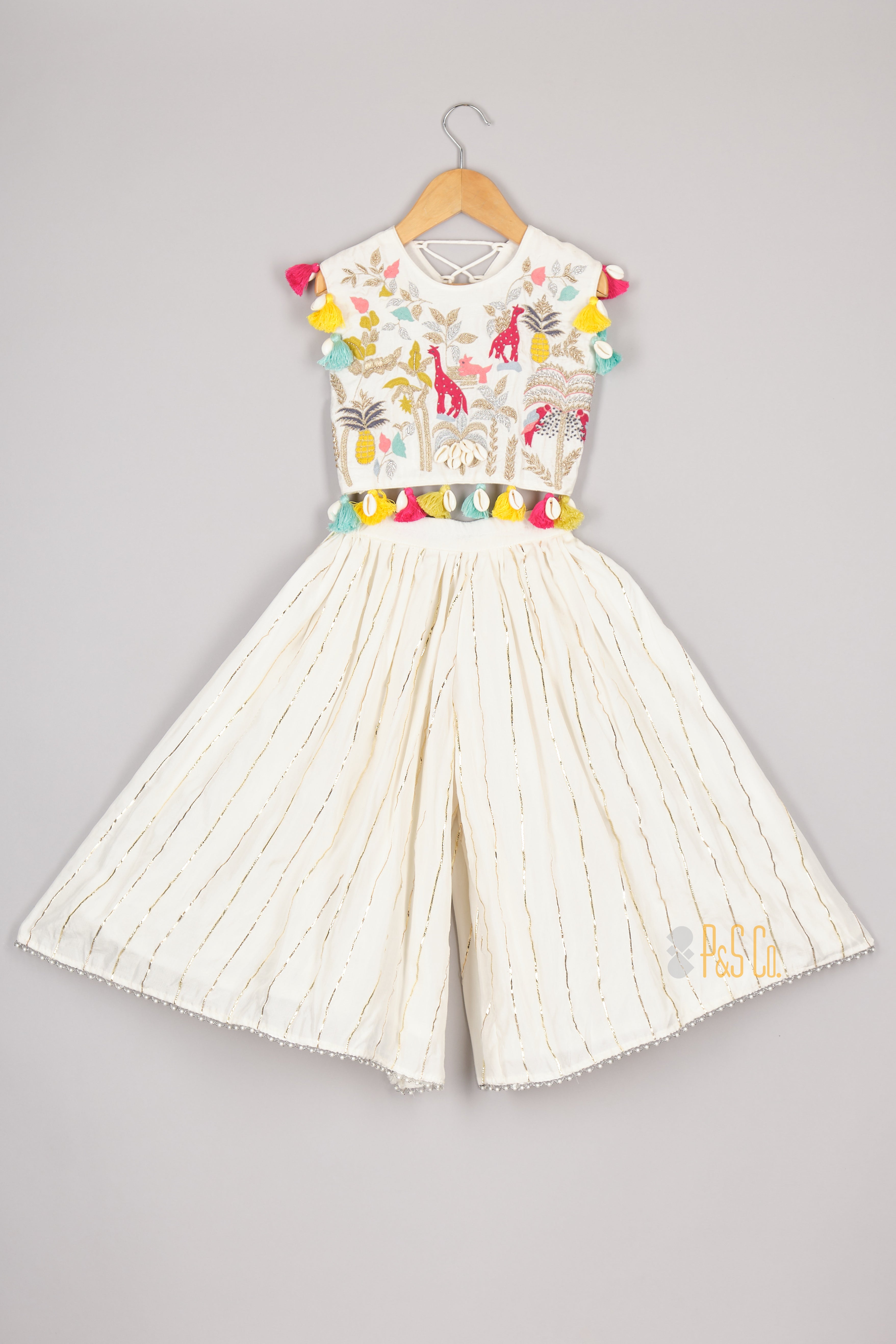 Multicolour Thread Giraffe Embroidered Off White Blouse and Gota Line Ghagara
