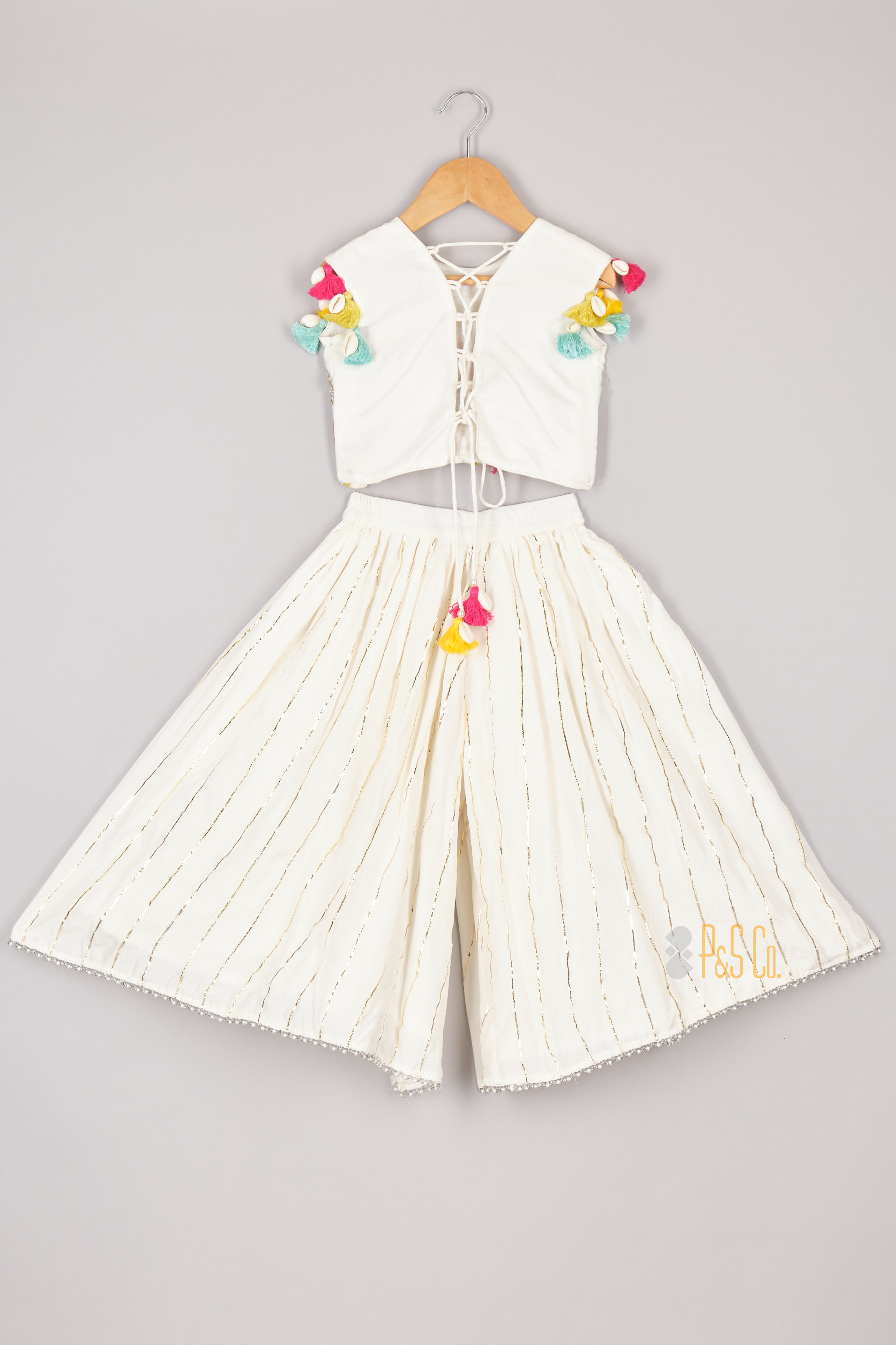 Multicolour Thread Giraffe Embroidered Off White Blouse and Gota Line Ghagara