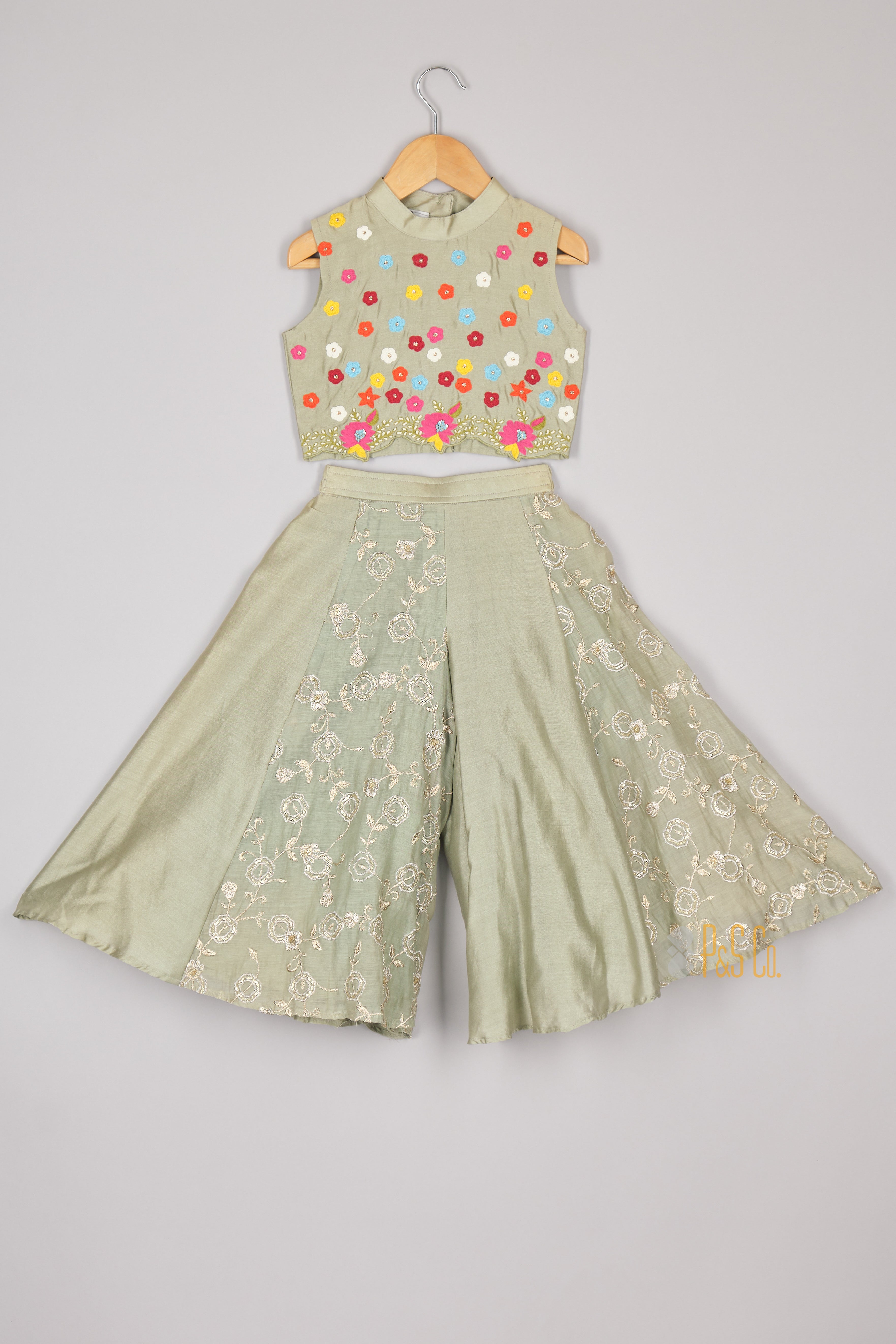 Multicolour Flower Embroidered Pista Green Top and Flare Pant
