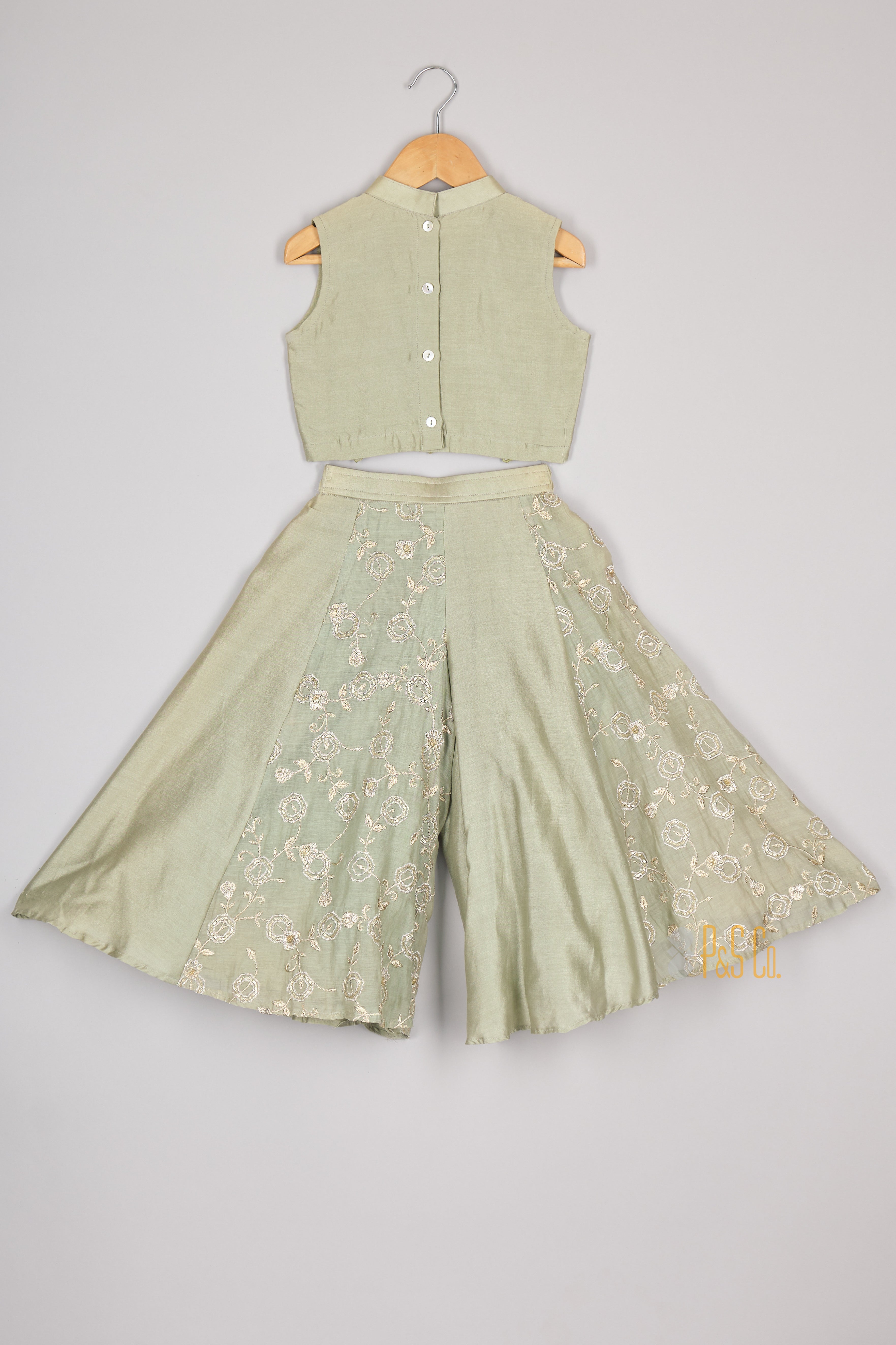 Multicolour Flower Embroidered Pista Green Top and Flare Pant