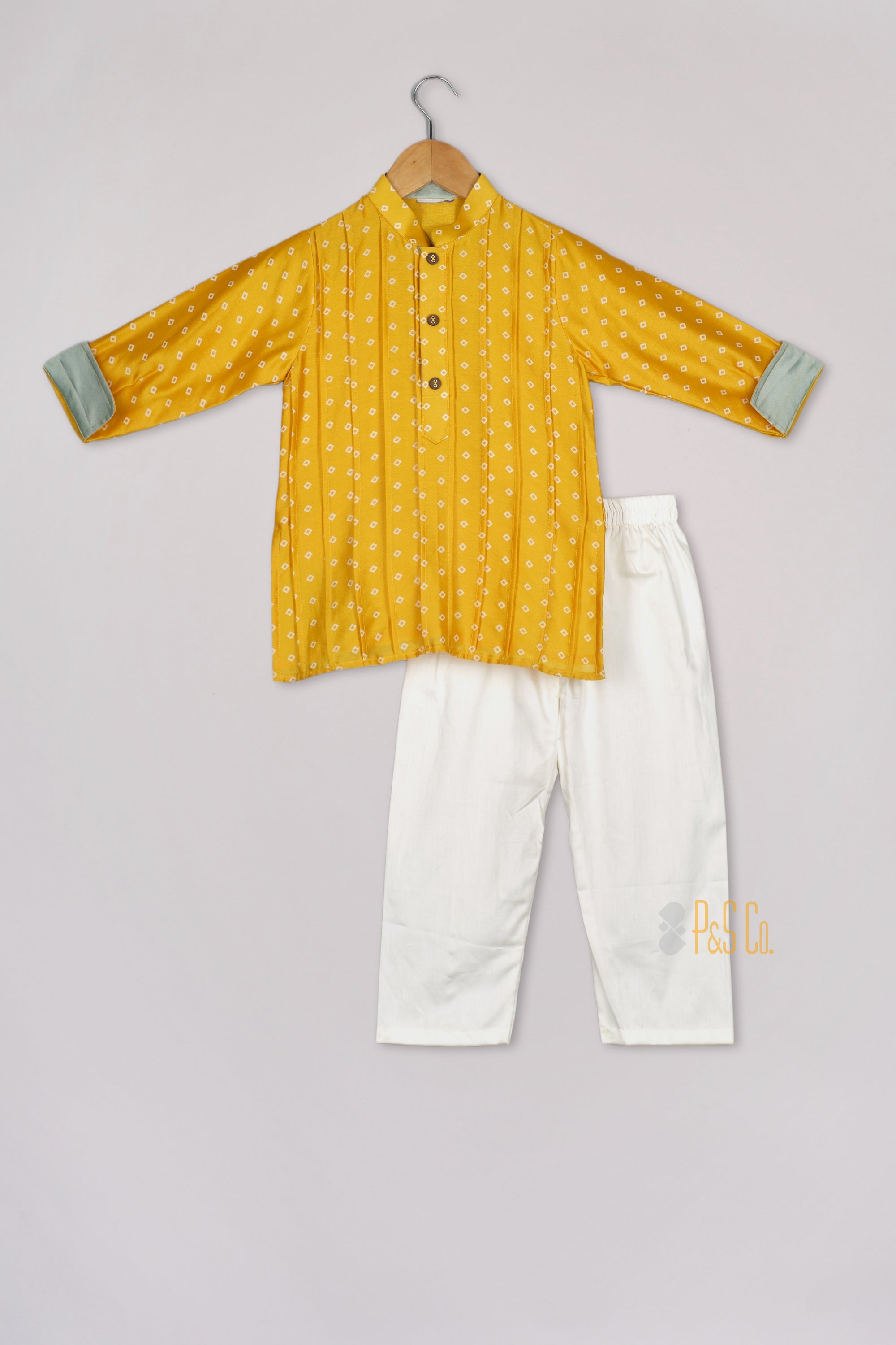 Mustard Pintuck Detailed Chanderi Kurta And Pyjama