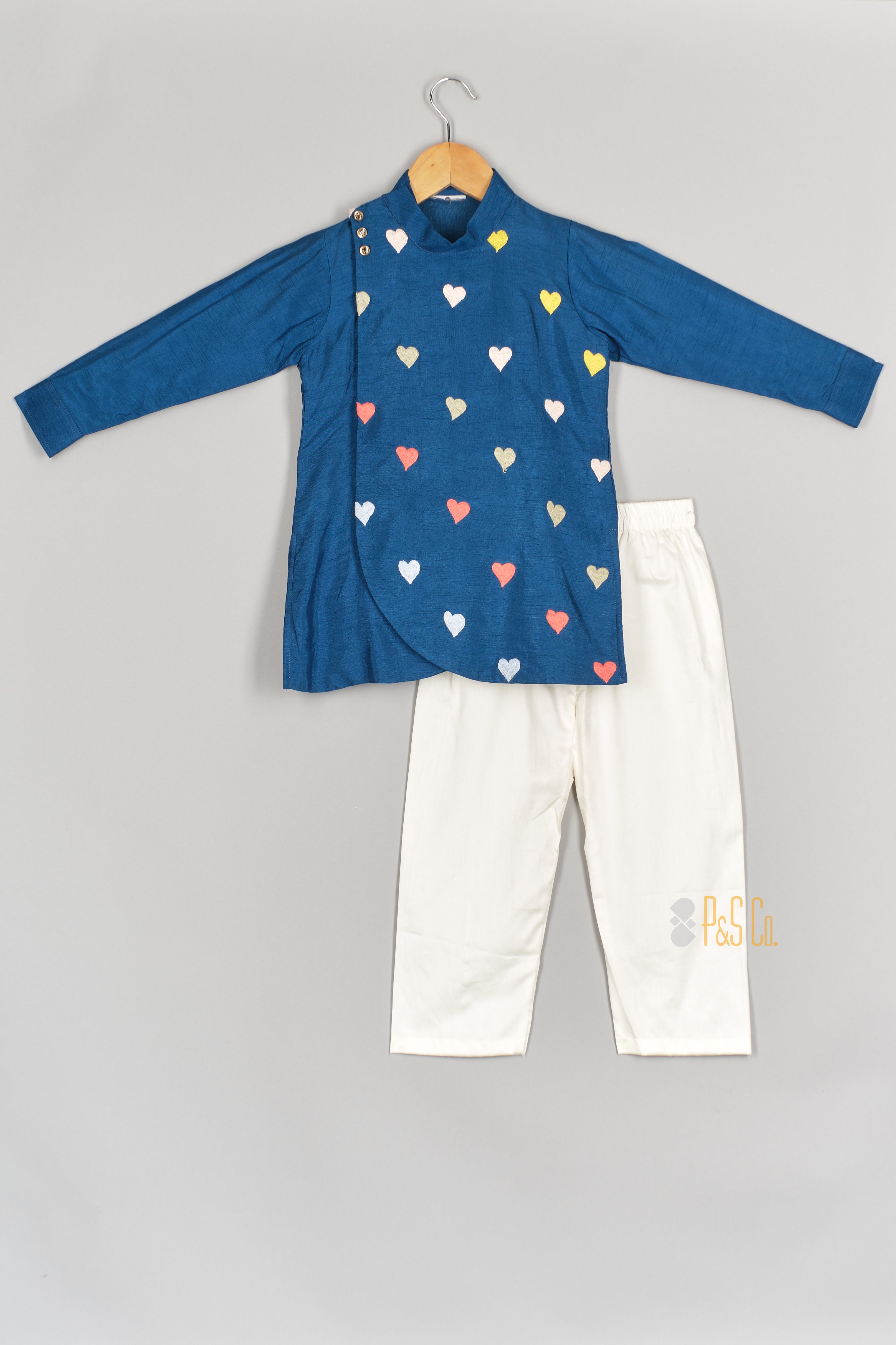 HEART EMBROIDERED BLUE SIDE BOTTON KURTA AND PANT