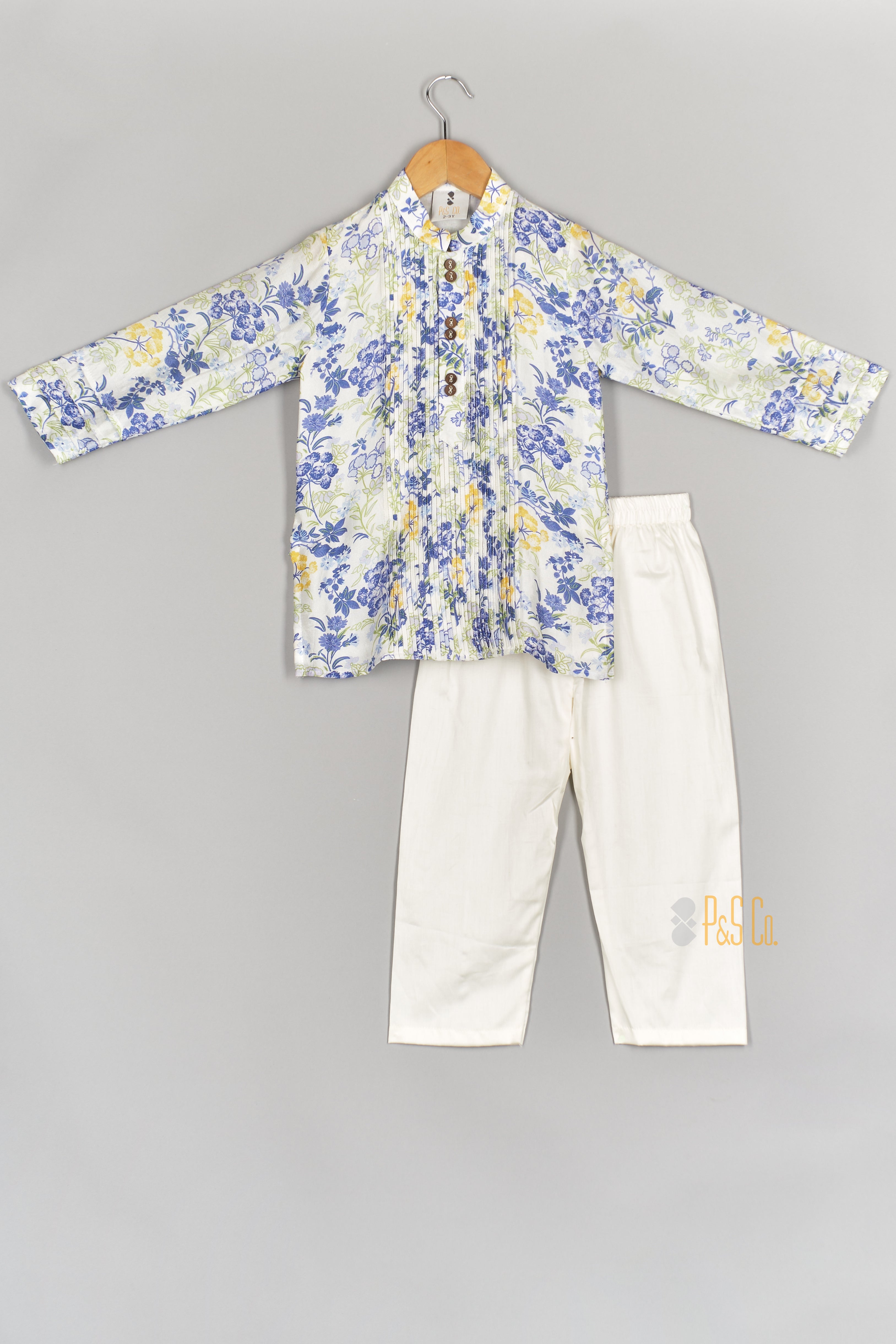 Blue Printed Pintuck Kurta and Pant