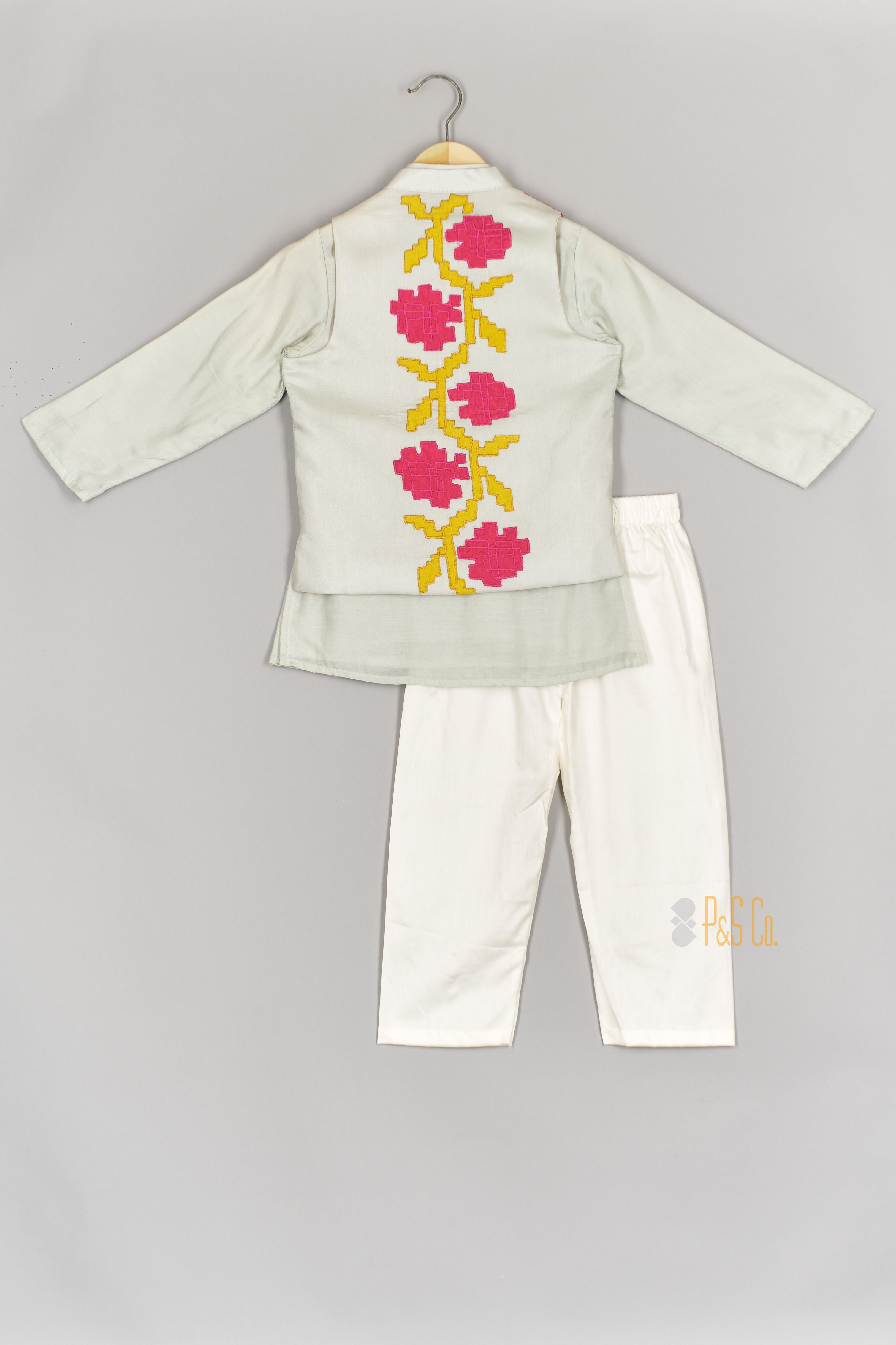 Floral Applique Nehru Jacket Kurta Set