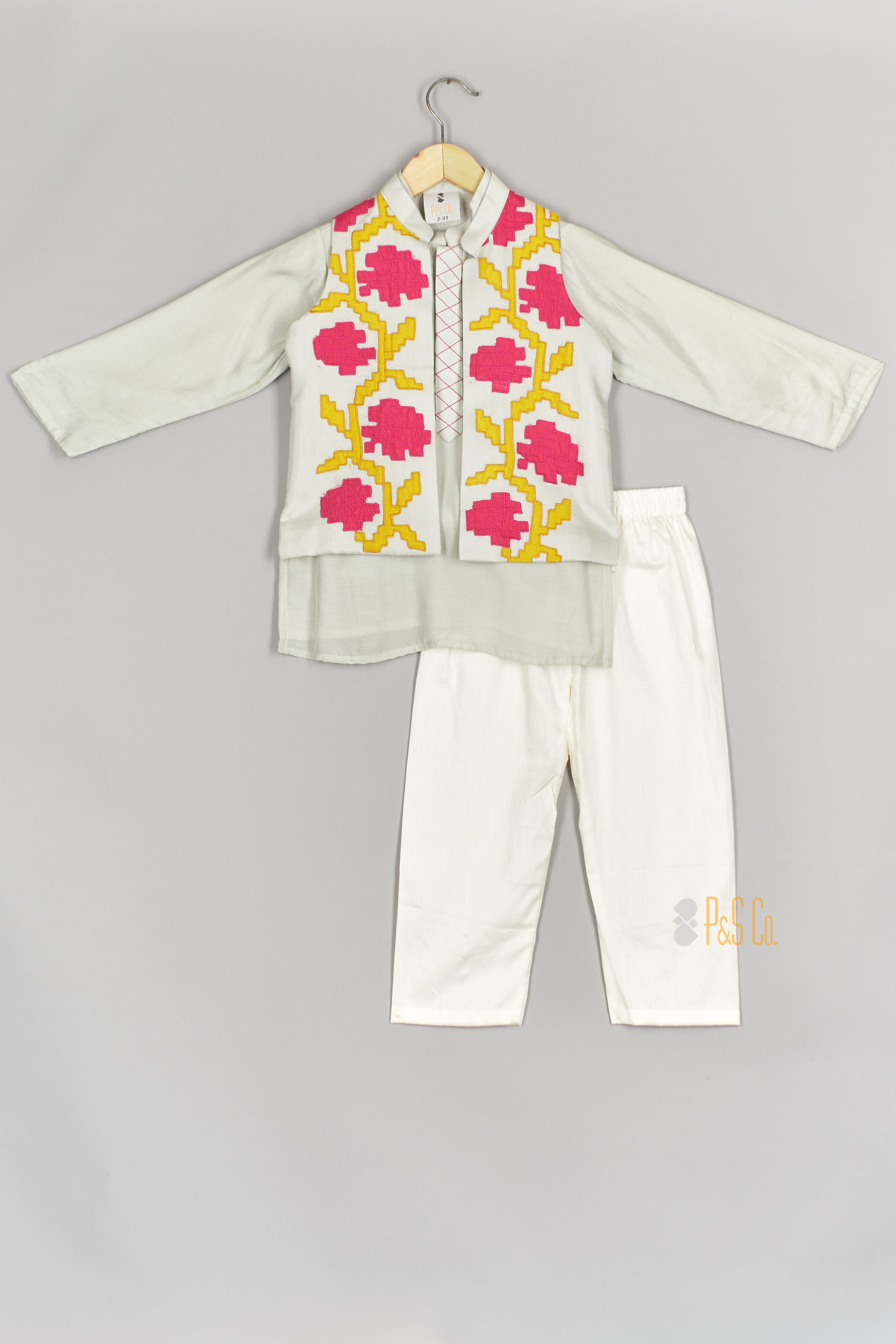 Floral Applique Nehru Jacket Kurta Set