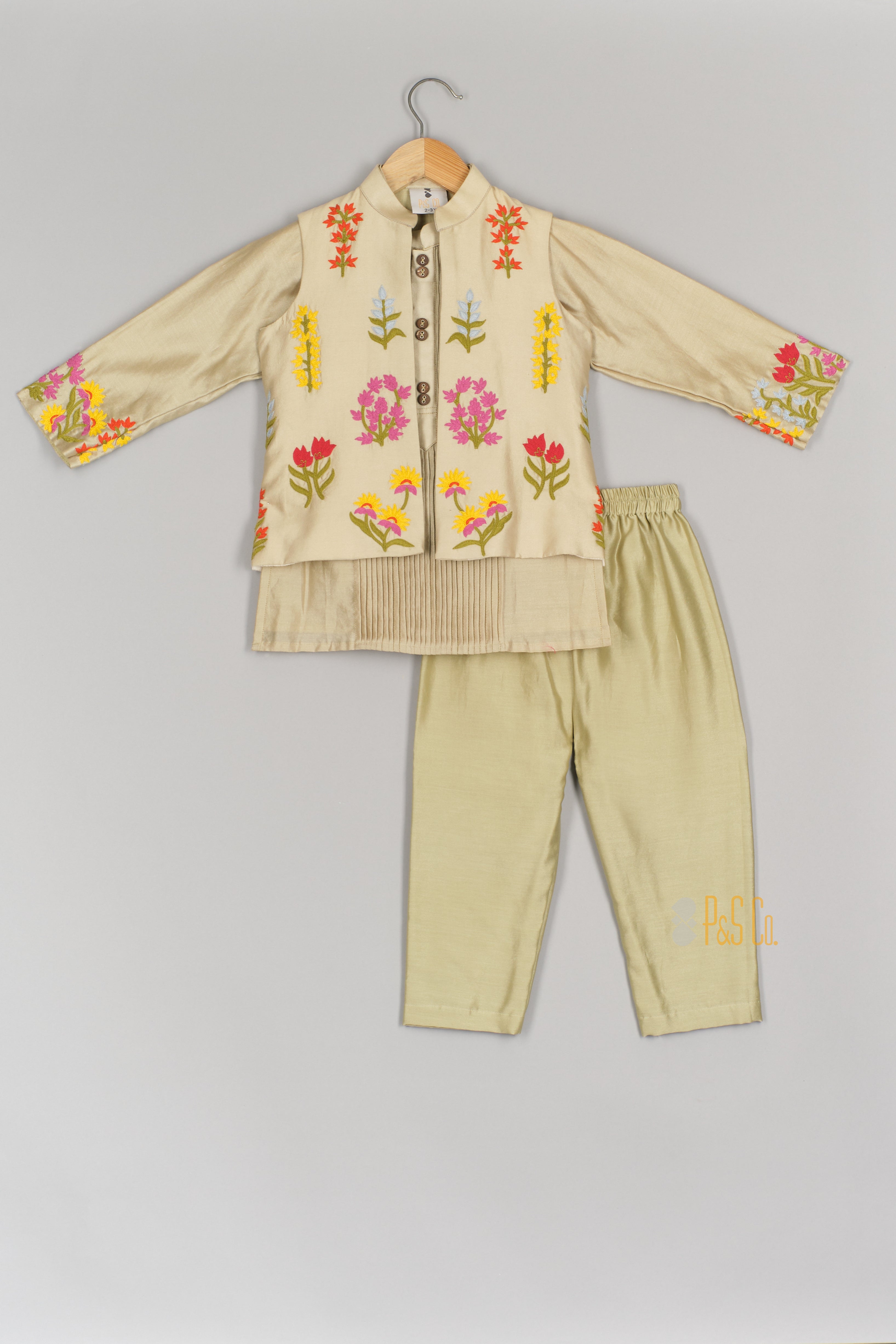Pista Green Thread Embroidered Nehru Jacket Set