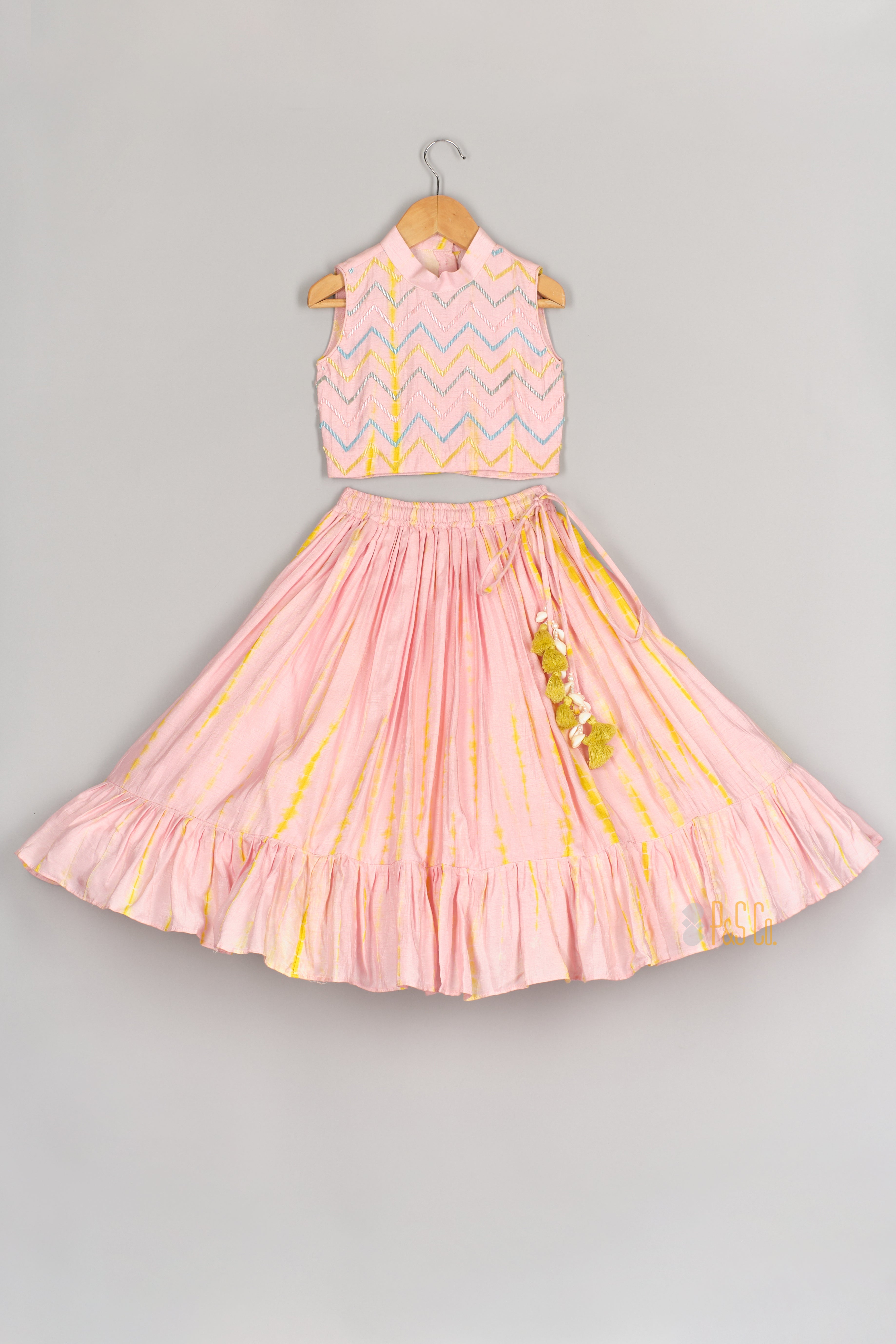 Candy Pink and Yellow Shiboree Top with Cut Dana Work and Ghaghra