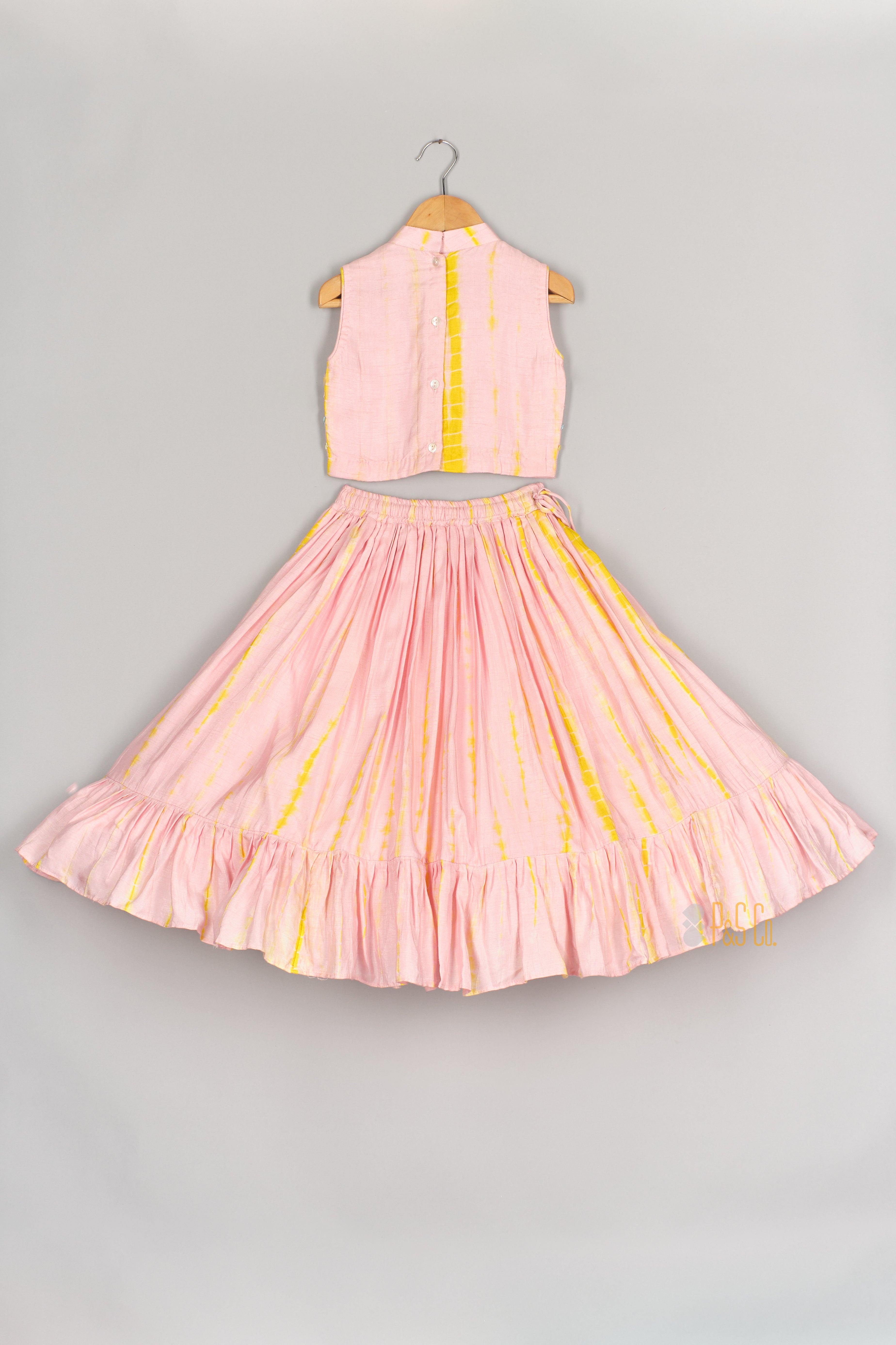 Candy Pink and Yellow Shiboree Top with Cut Dana Work and Ghaghra