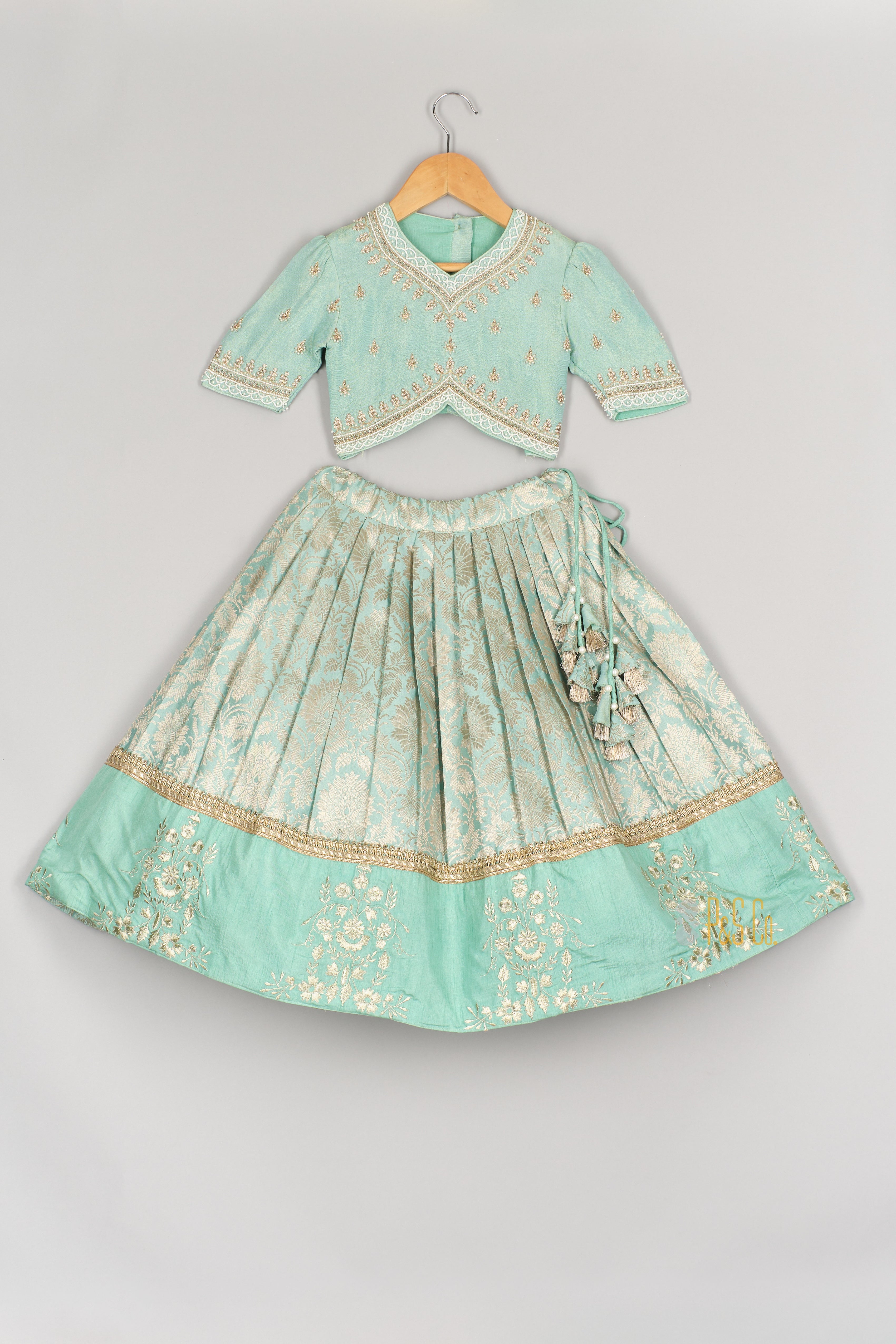 Sea Green Beads Embroidered Blouse with Brocade Ghaghra