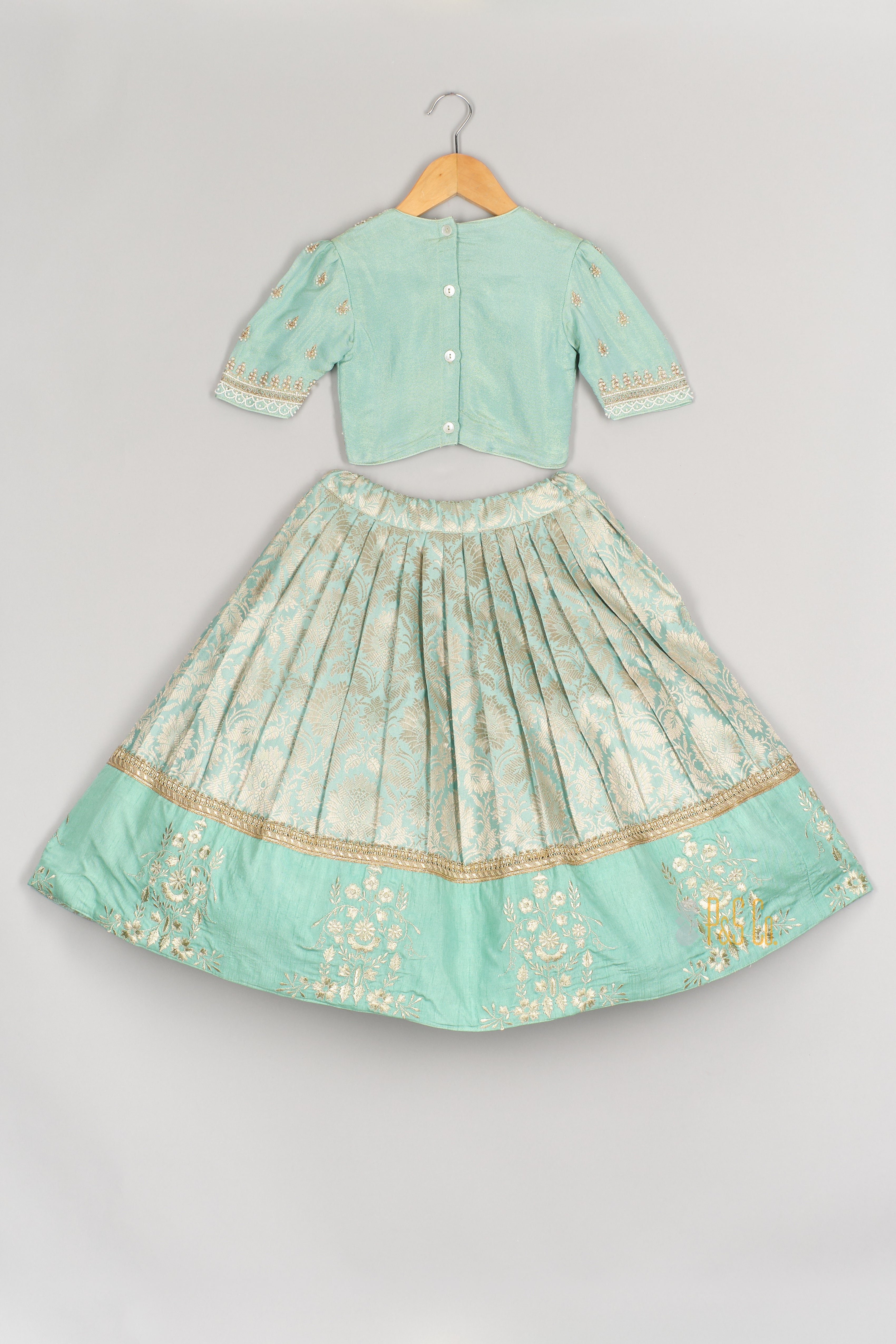 Sea Green Beads Embroidered Blouse with Brocade Ghaghra