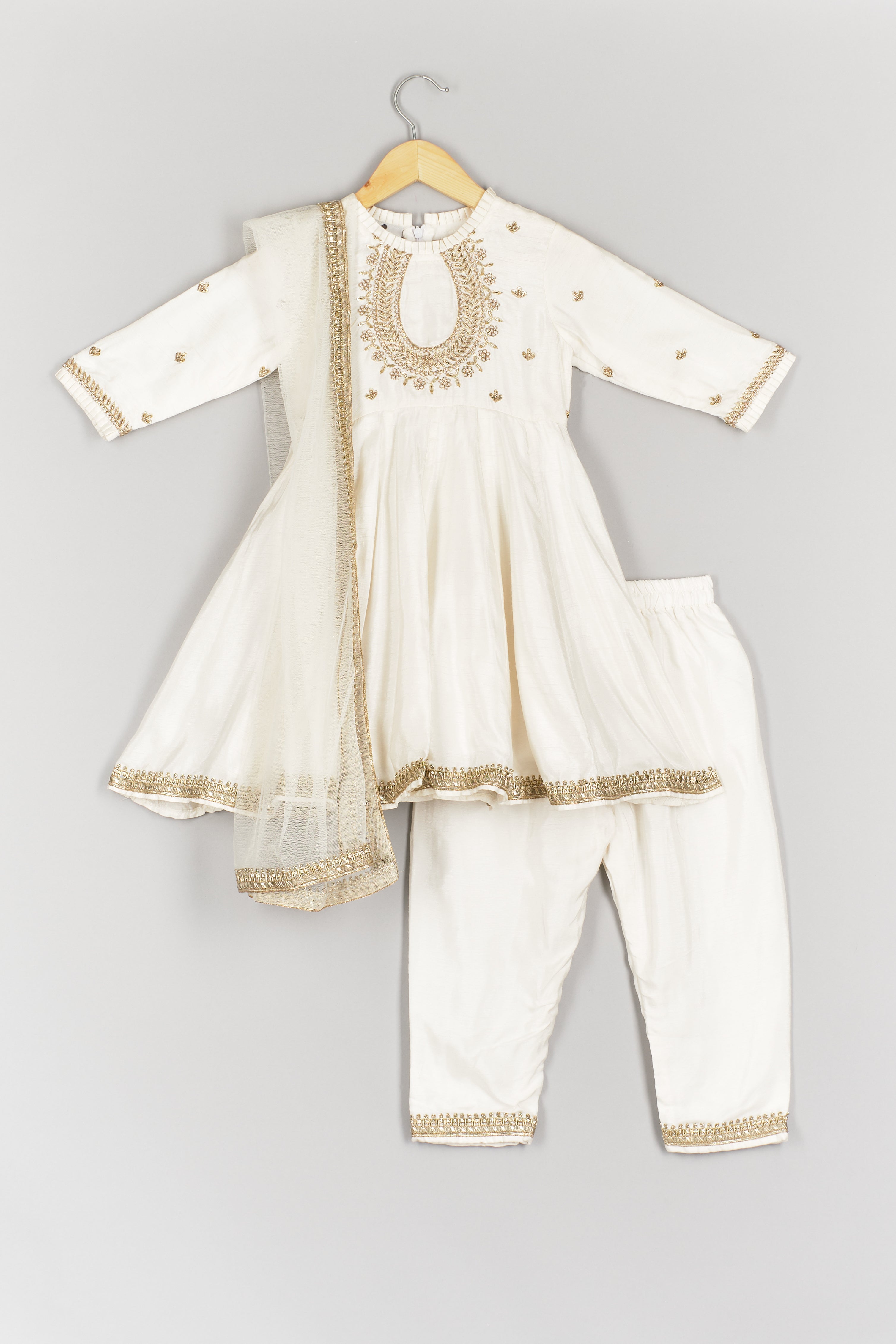 Off White Anarkali with Pant And Dupatta