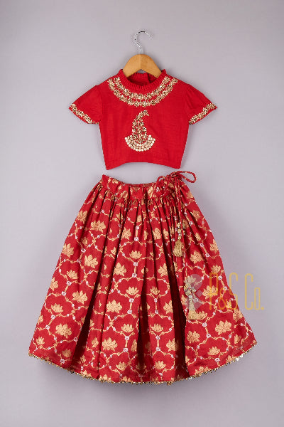 Zari And Sequin Work Elegant Red Top  With Lotus Brocade Printed Lehenga