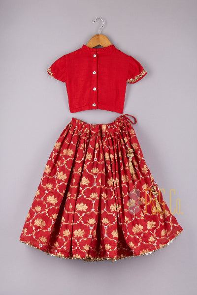 Zari And Sequin Work Elegant Red Top  With Lotus Brocade Printed Lehenga