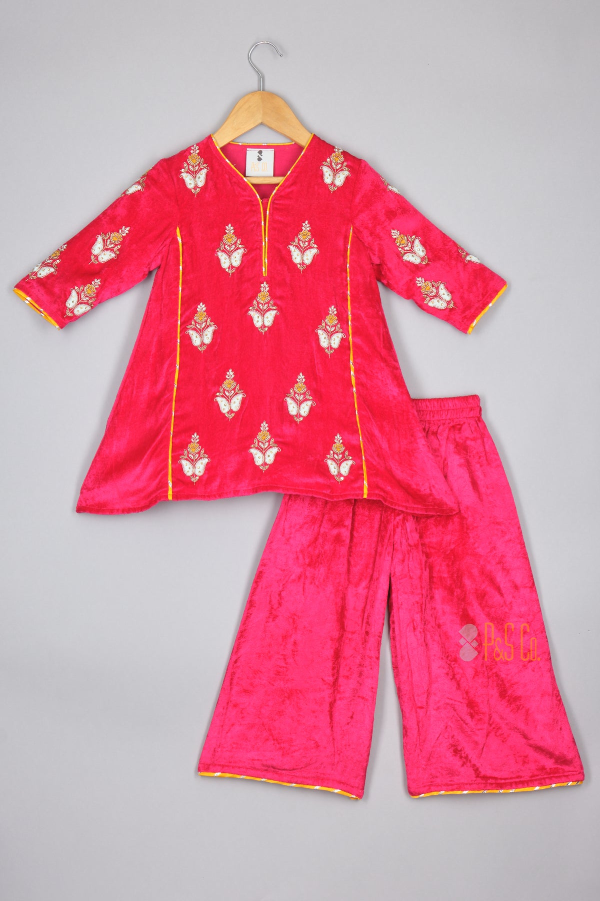 Pink Velvet Embroidered Kurta and Flare pant
