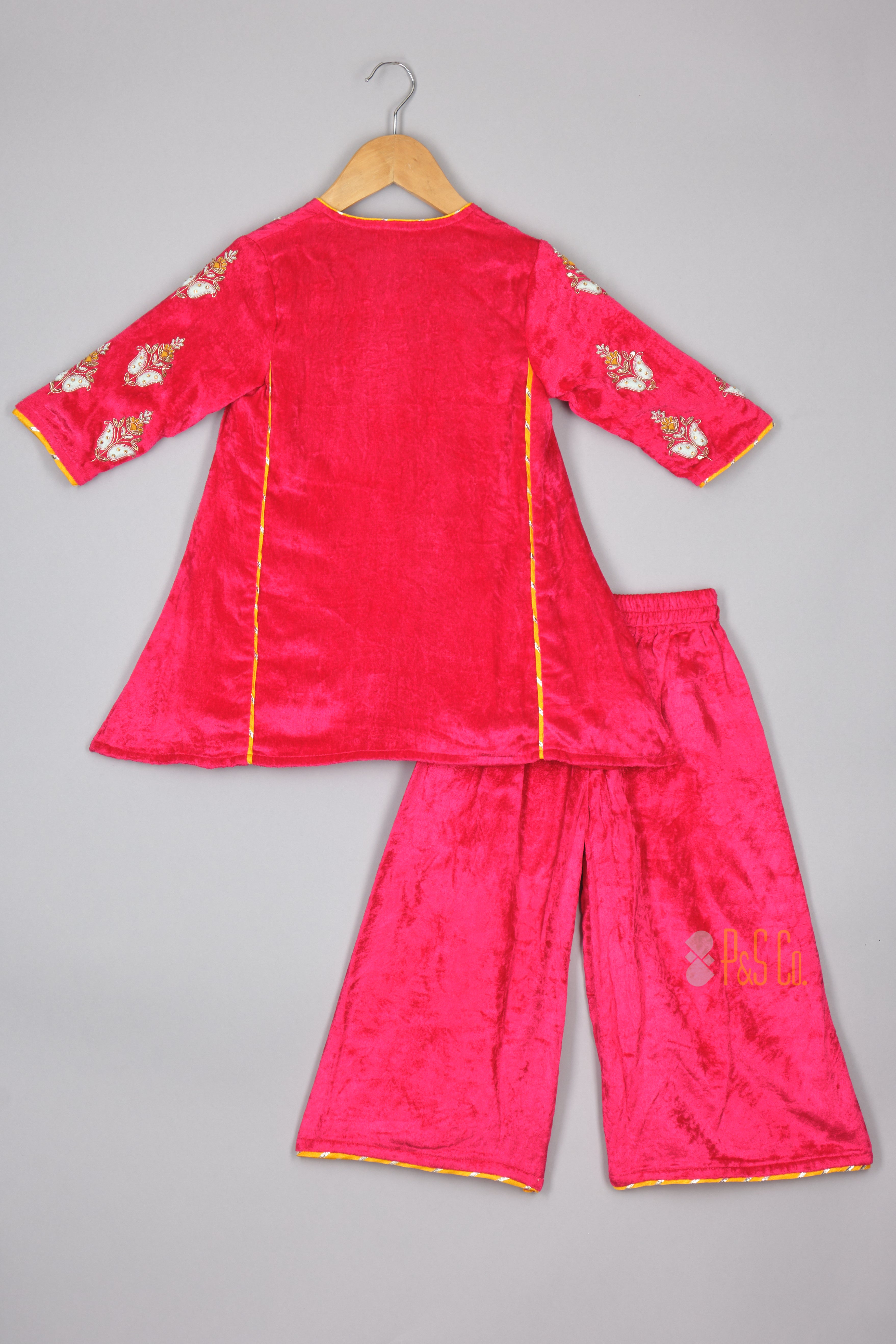 Pink Velvet Embroidered Kurta and Flare pant