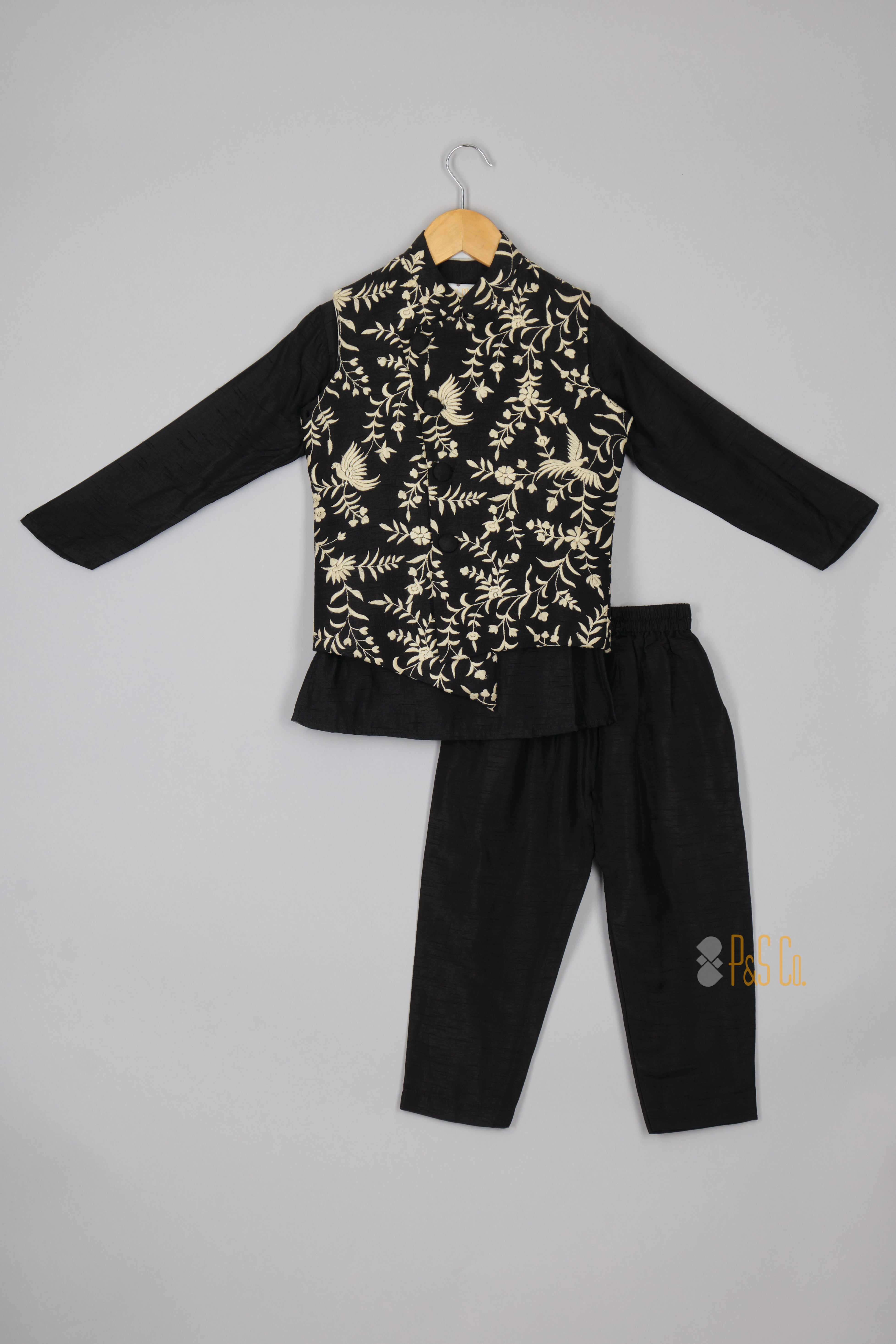 Silk Black Ethnic Kurta With Asymmetric Front Open Bird Embroidered Jacket And Pyjama
