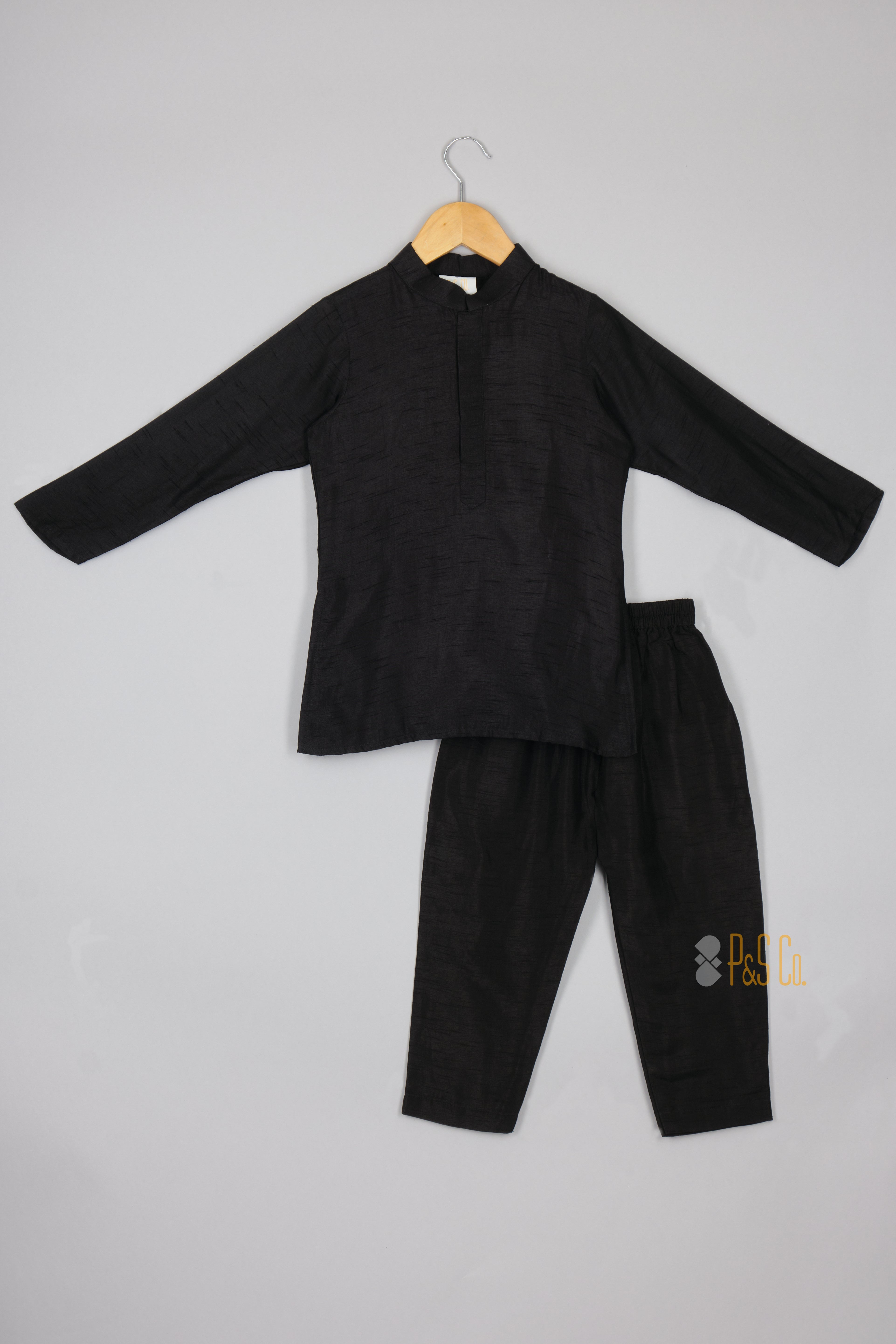 Silk Black Ethnic Kurta With Asymmetric Front Open Bird Embroidered Jacket And Pyjama