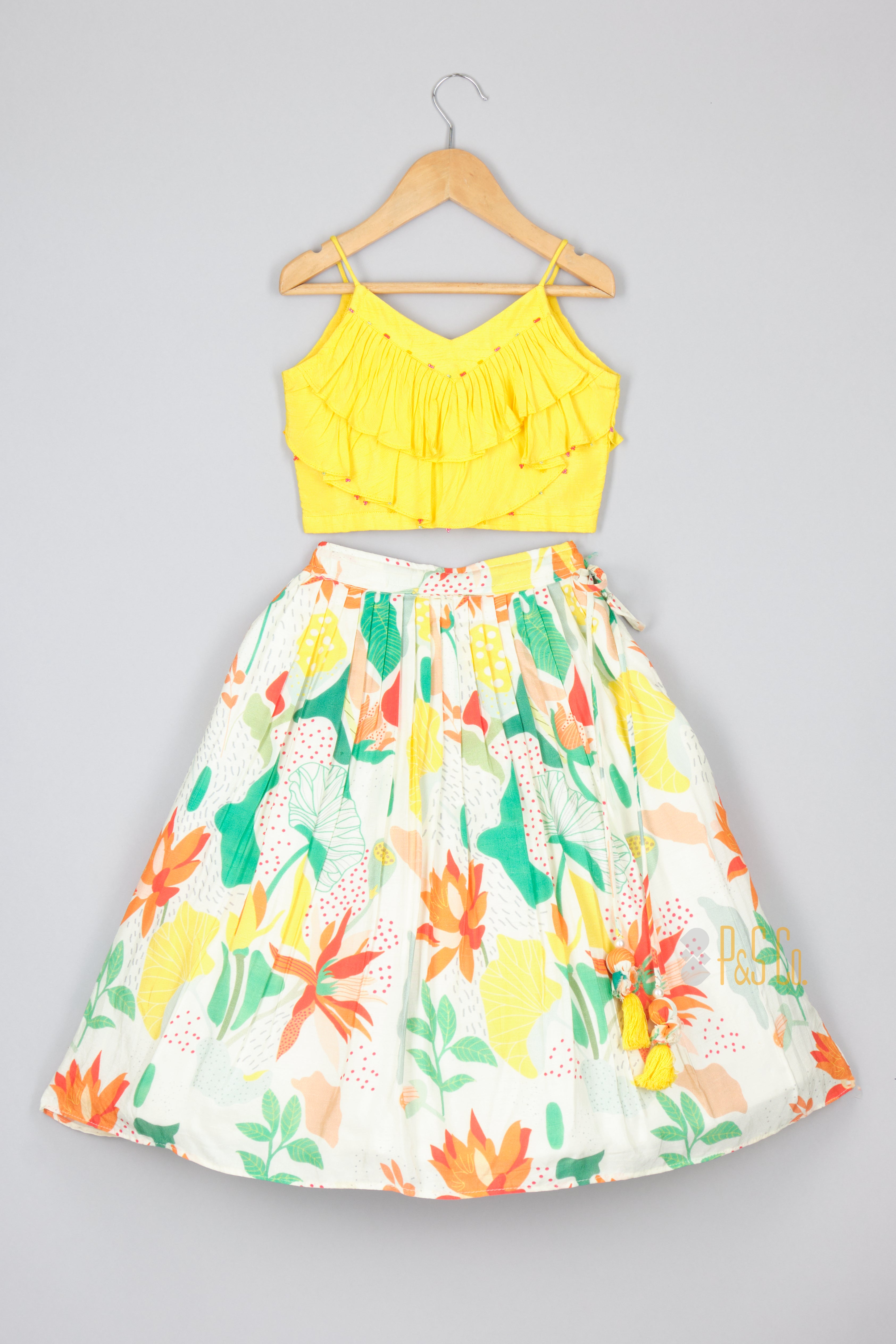 Yellow Ruffle Top and Tropical Printed Ghagra