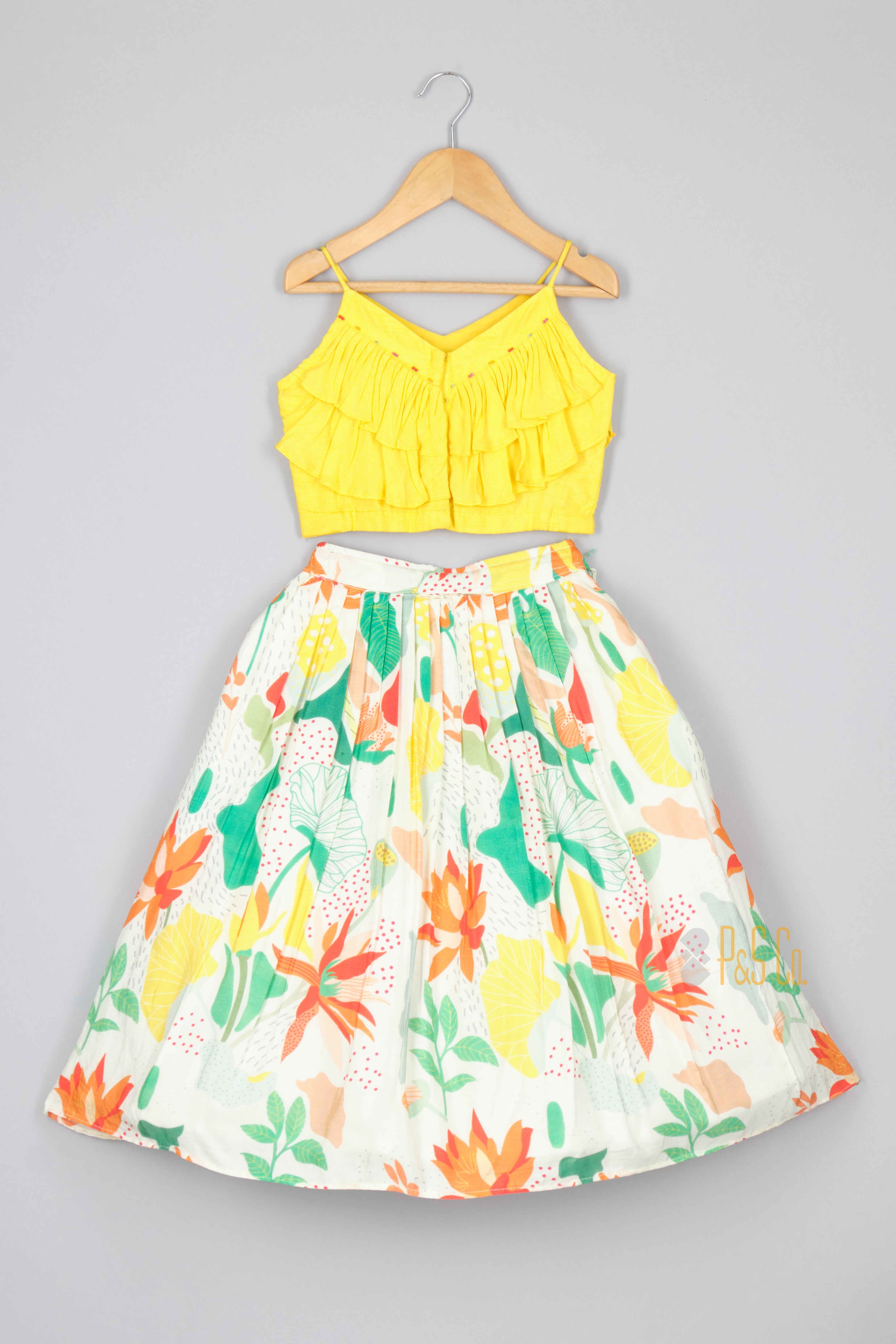 Yellow Ruffle Top and Tropical Printed Ghagra