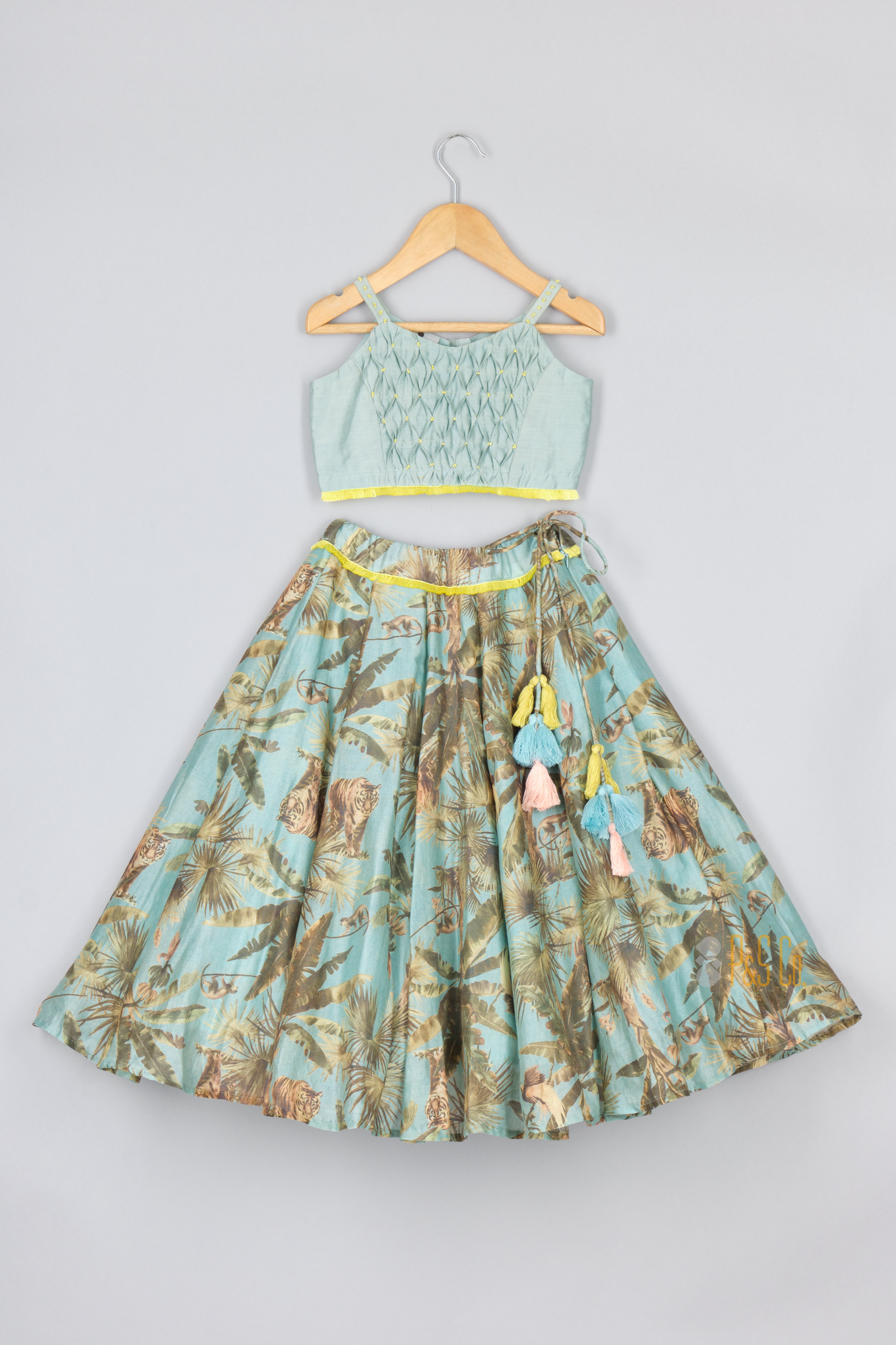 Fringed Hem Pin Tuck Green Top And Printed Lehenga