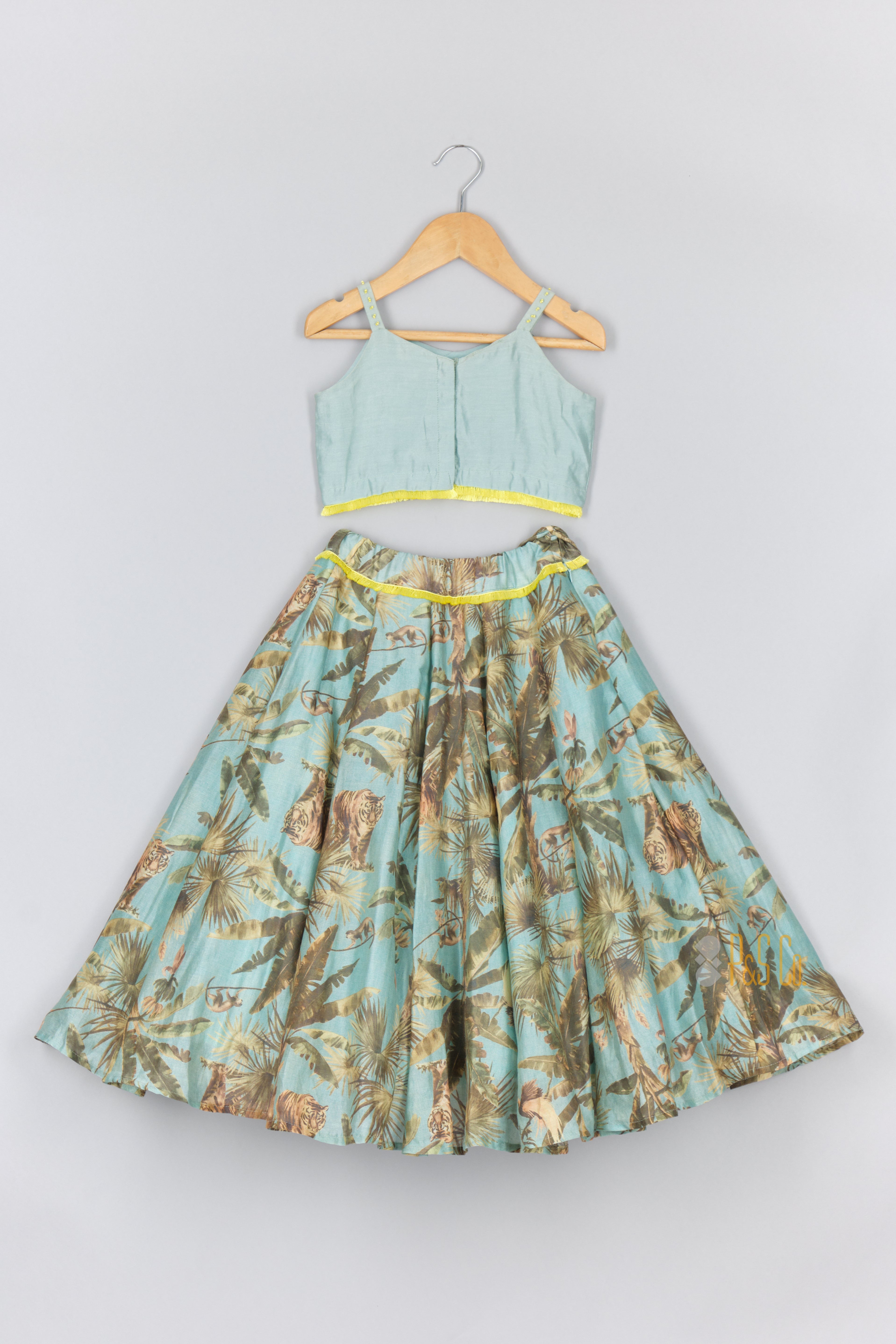 Fringed Hem Pin Tuck Green Top And Printed Lehenga