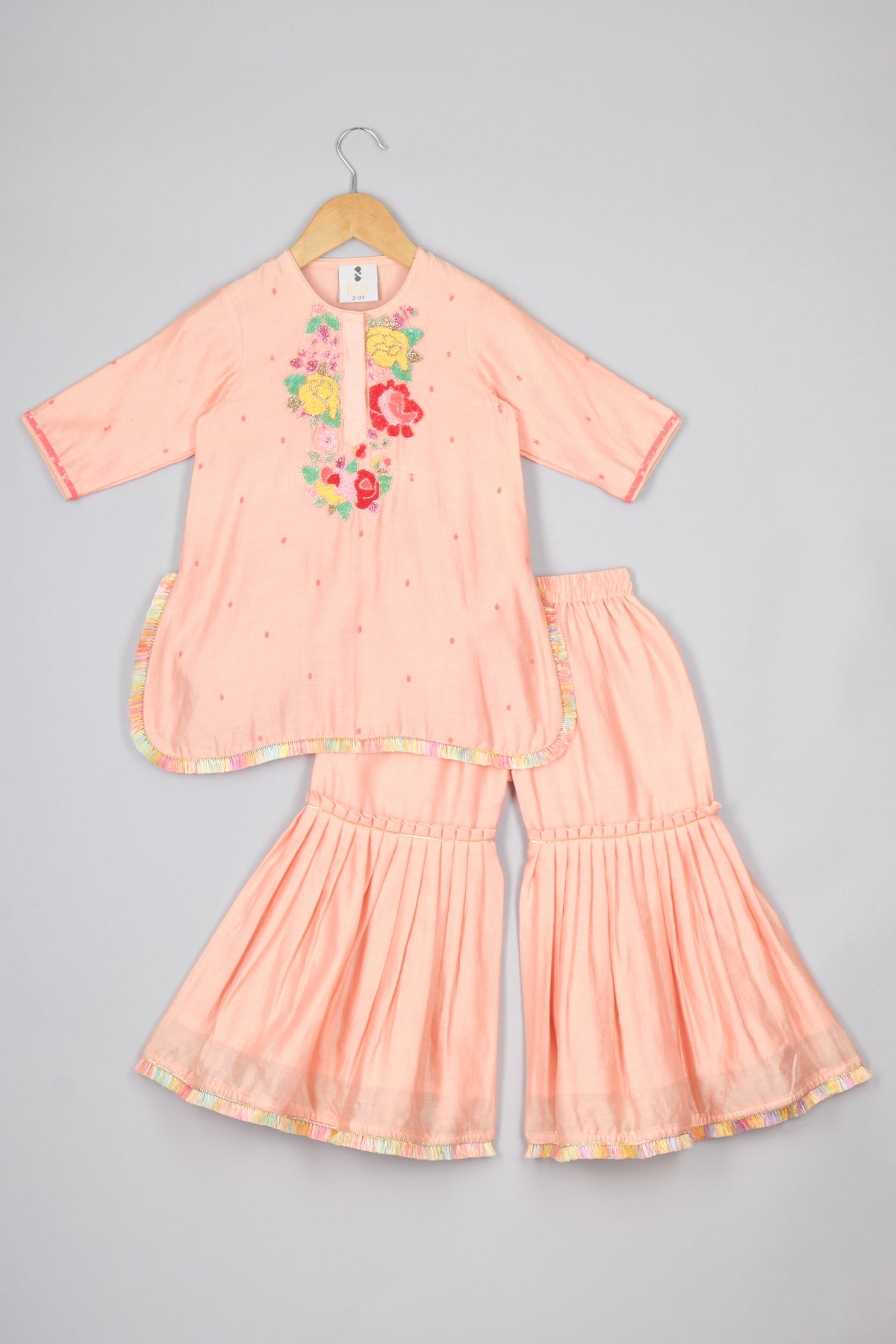 Peach Fringed Hem Kurti And Pleated Sharara