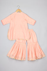 Peach Fringed Hem Kurti And Pleated Sharara