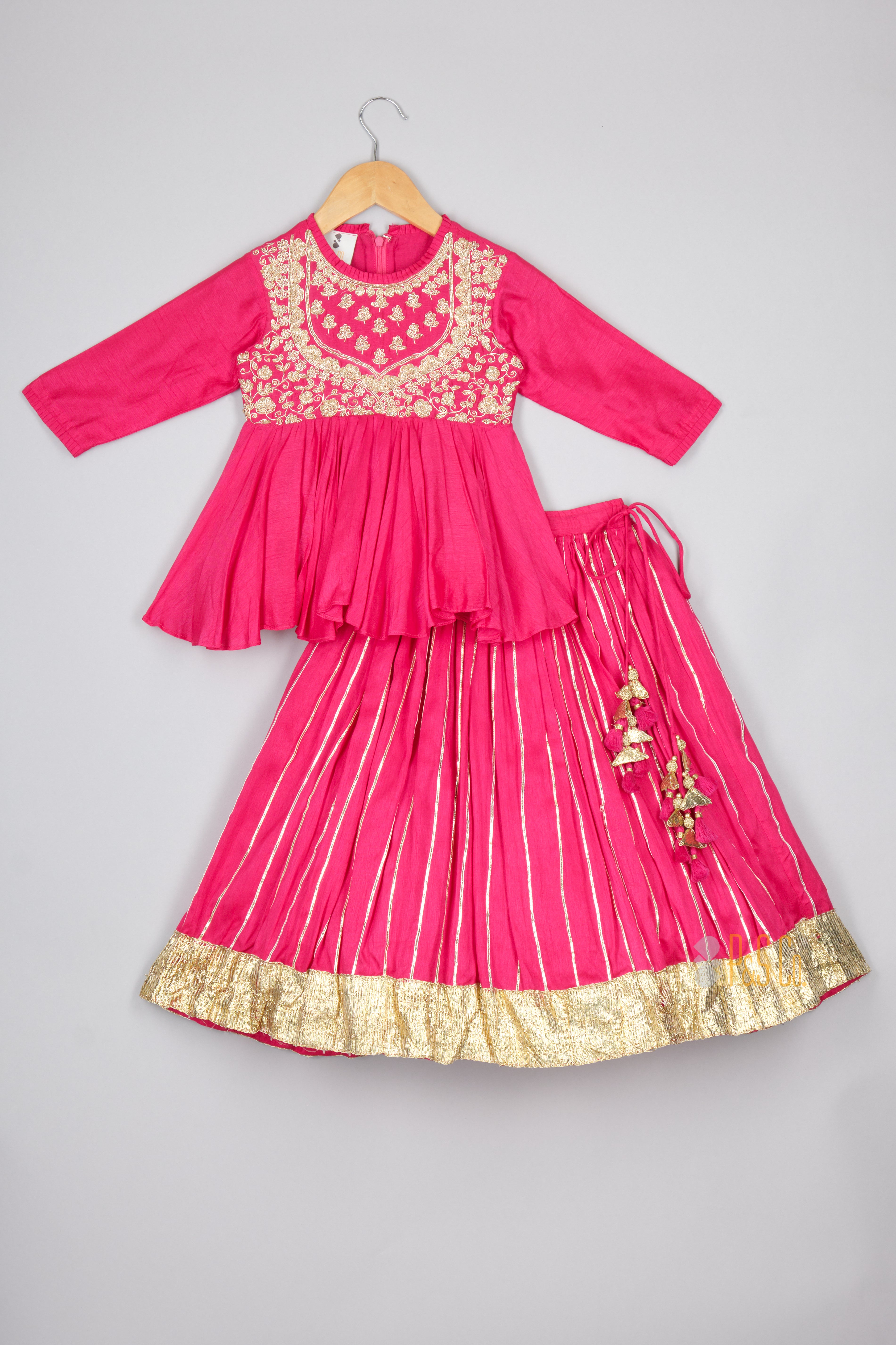 Hot Pink Heavy Embroidered Peplum And Gota Line Ghagara